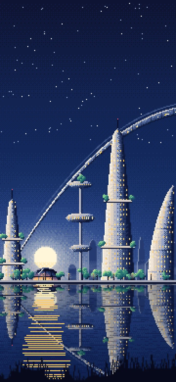 Navy Pixel Art Futuristic Skyline Under an Orbital Ring wallpaper for iPhone and Android