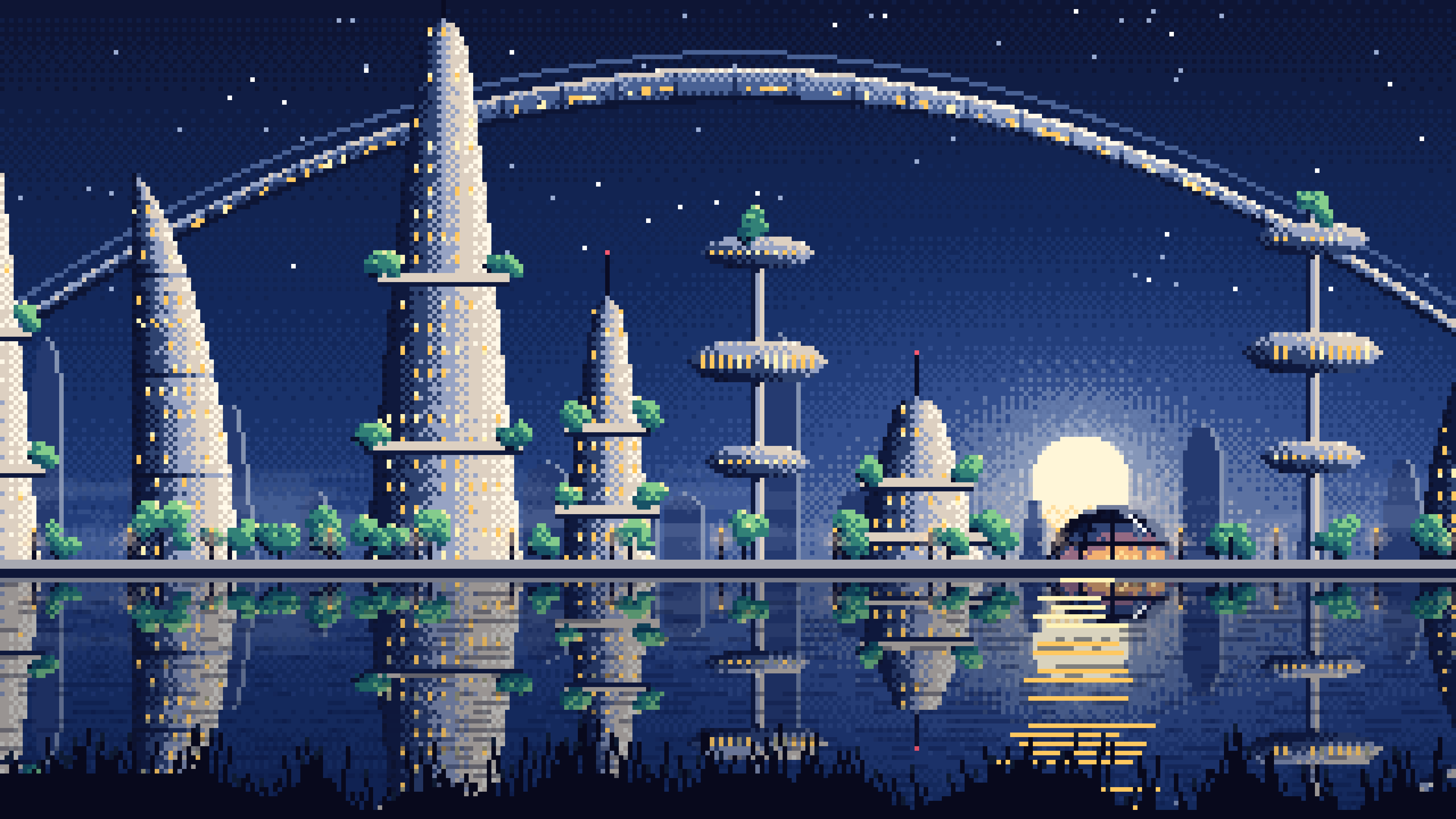 Navy Pixel Art Futuristic Skyline Under an Orbital Ring desktop wallpaper in 4K