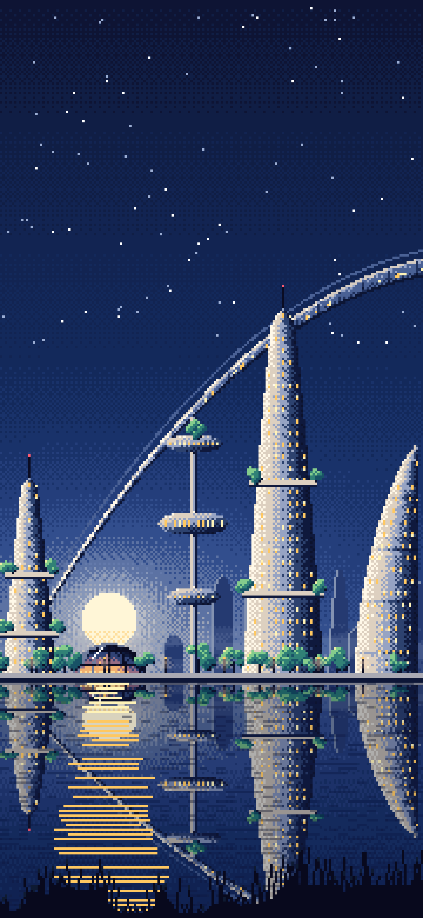 Navy Pixel Art Futuristic Skyline Under an Orbital Ring wallpaper for iPhone and Android