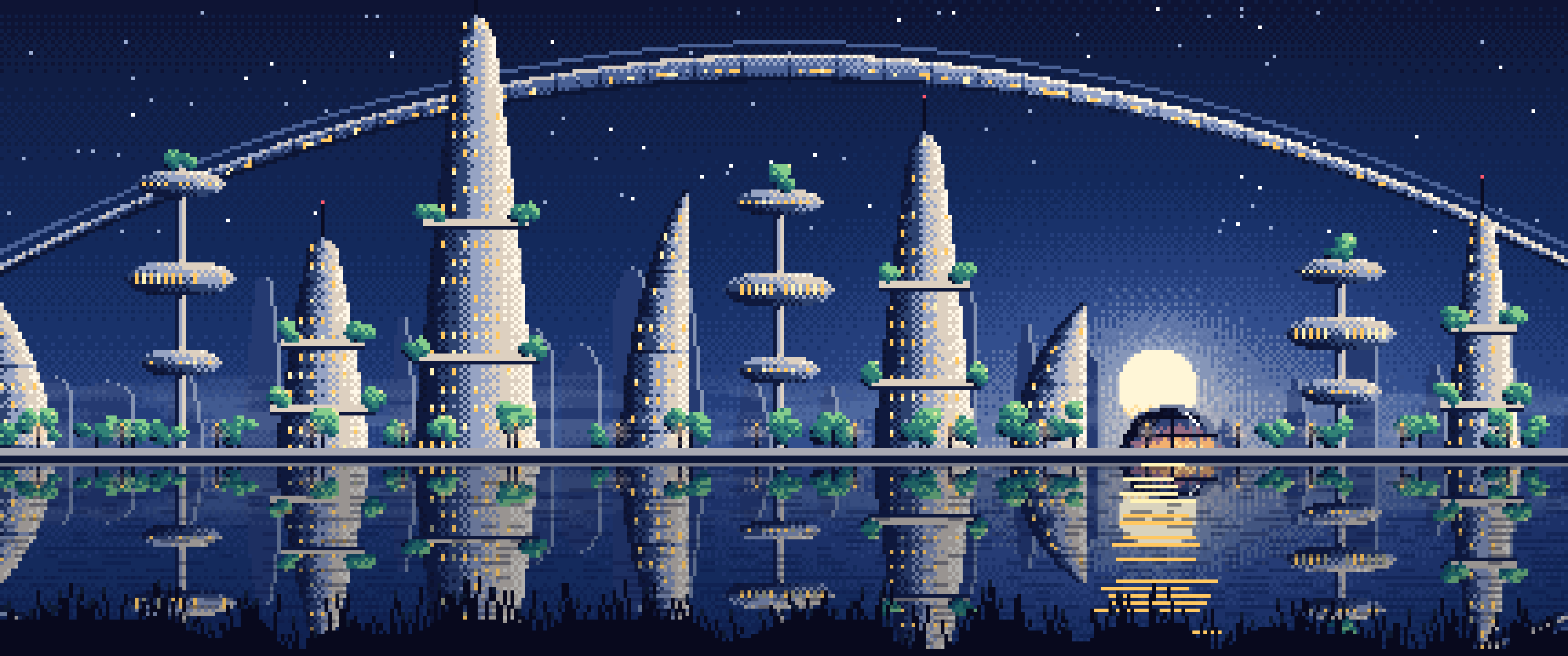 Navy Pixel Art Futuristic Skyline Under an Orbital Ring ultrawide wallpaper, 3440 × 1440