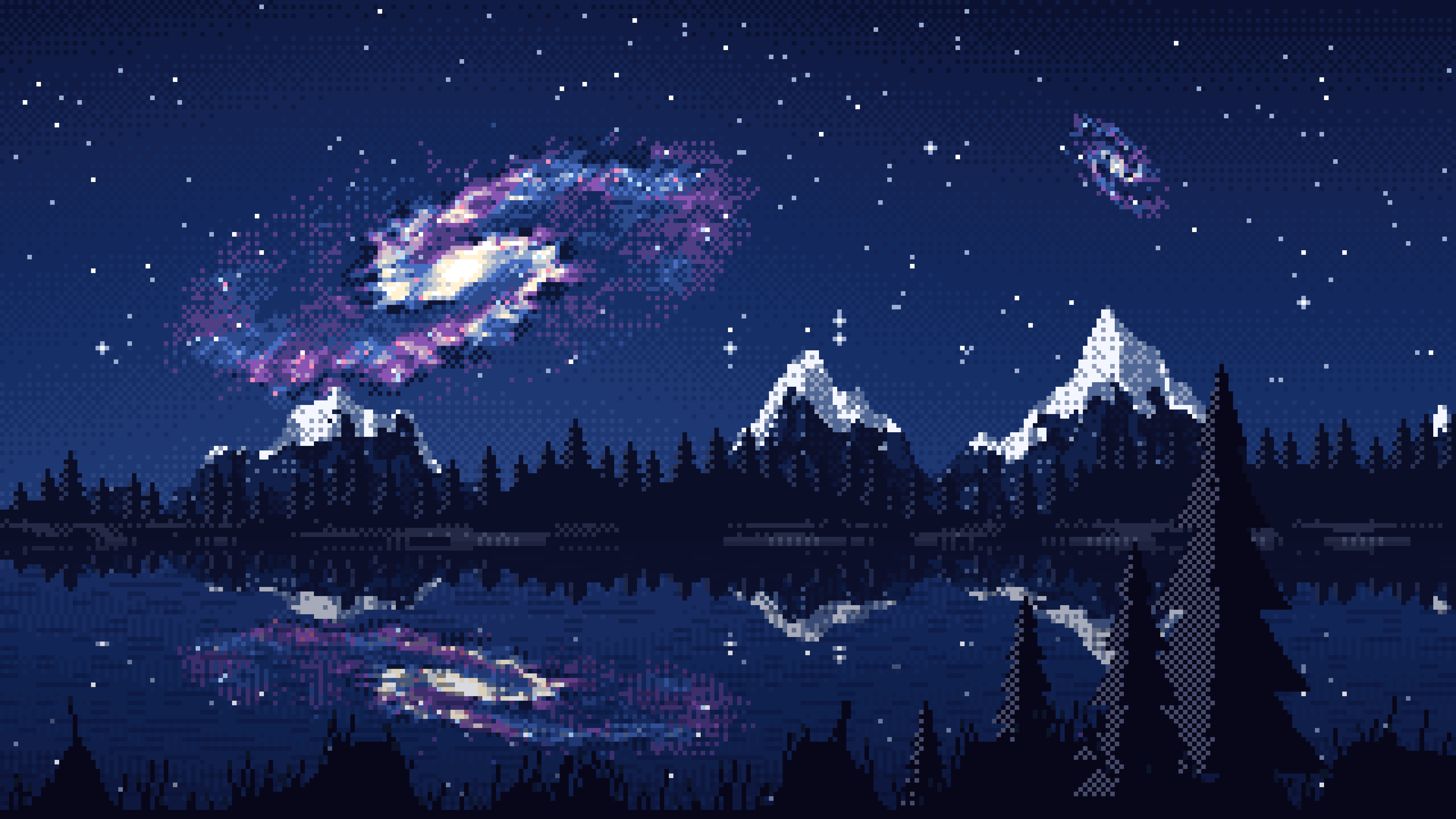 Navy Pixel Art Galaxy Over a Mountain Lake desktop wallpaper in 4K