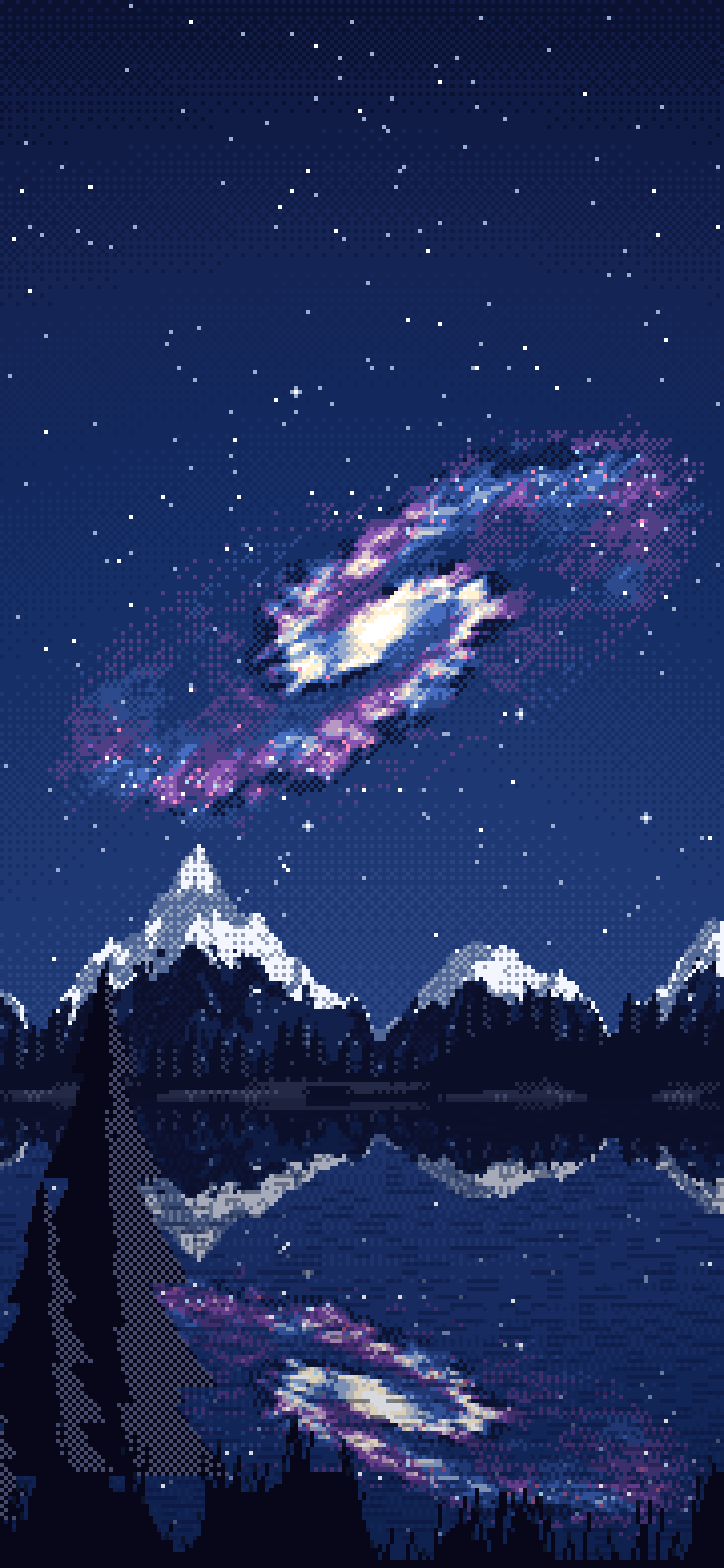 Navy Pixel Art Galaxy Over a Mountain Lake wallpaper for iPhone and Android