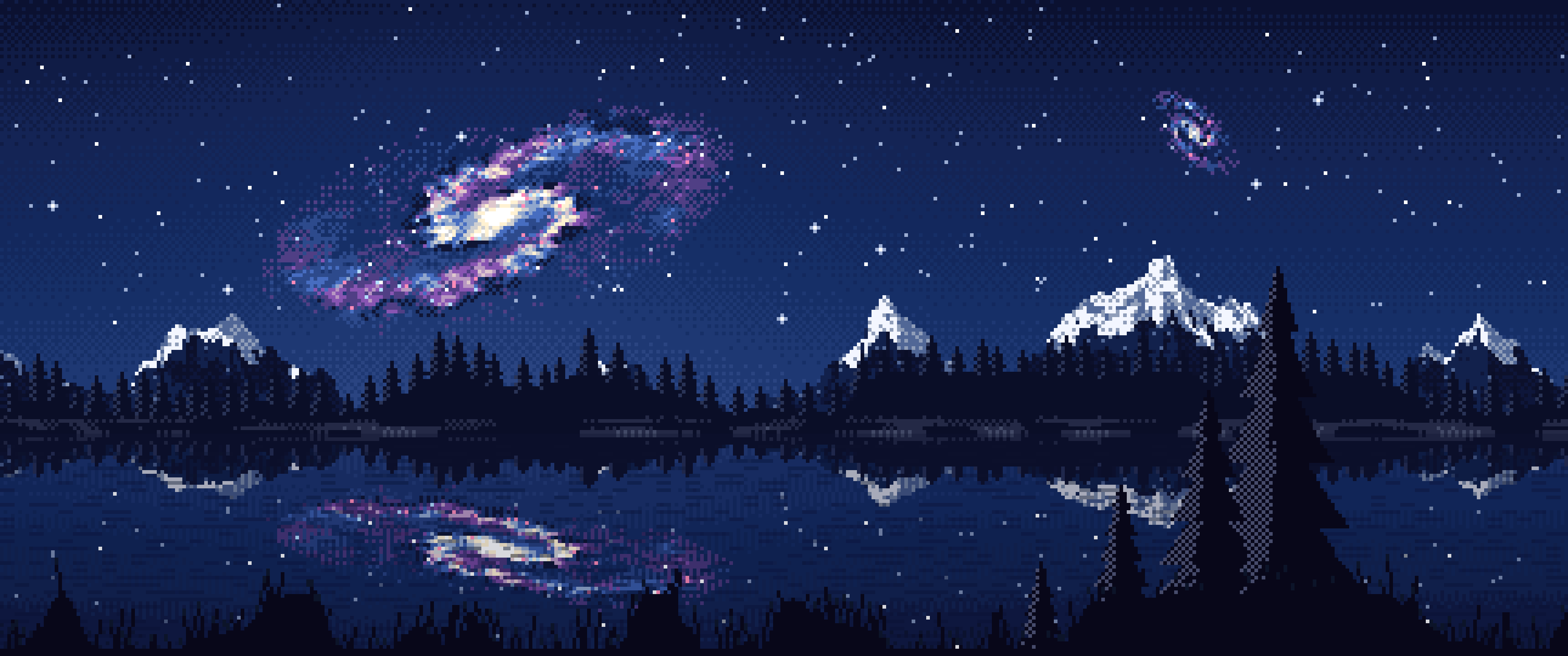 Navy Pixel Art Galaxy Over a Mountain Lake ultrawide wallpaper, 3440 × 1440