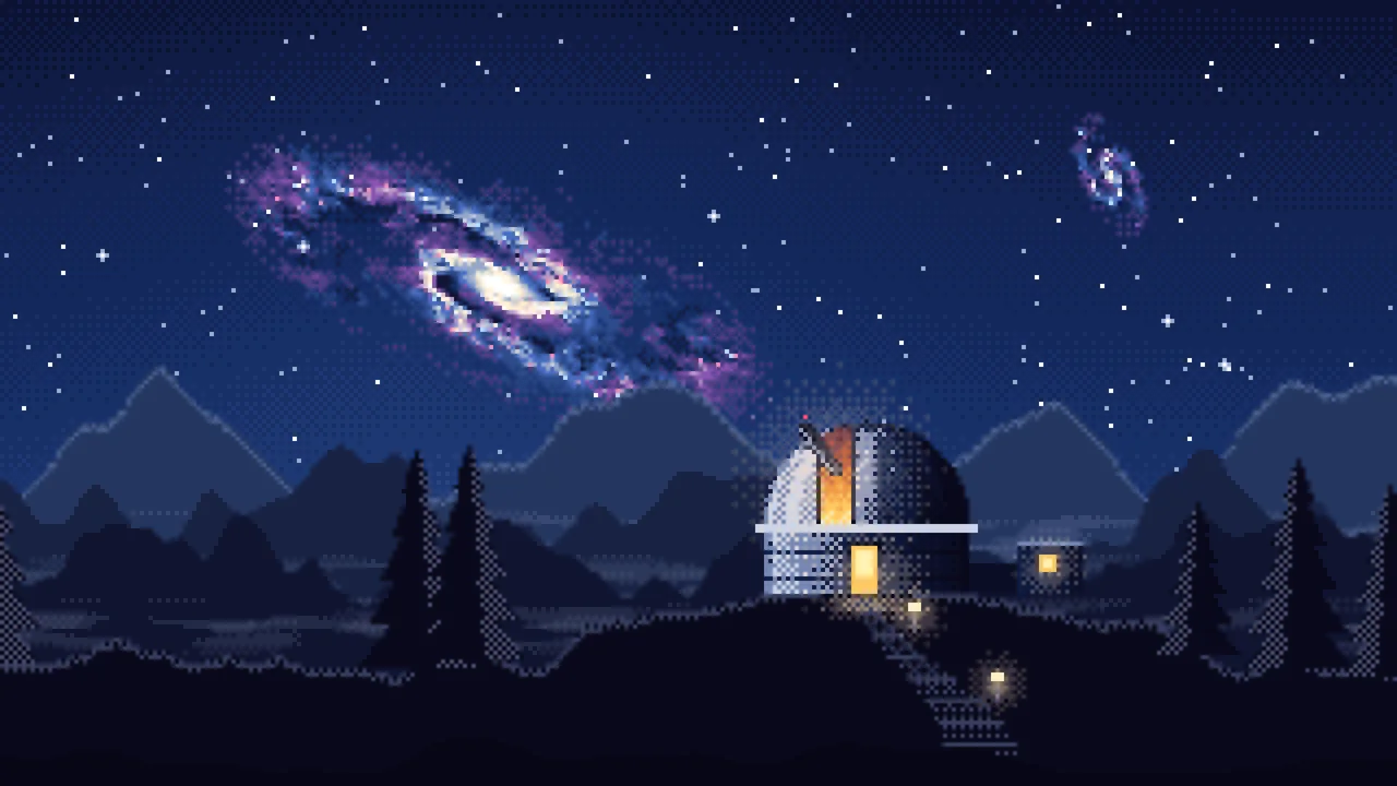 Navy Pixel Art Galaxy Over an Observatory desktop wallpaper in 4K