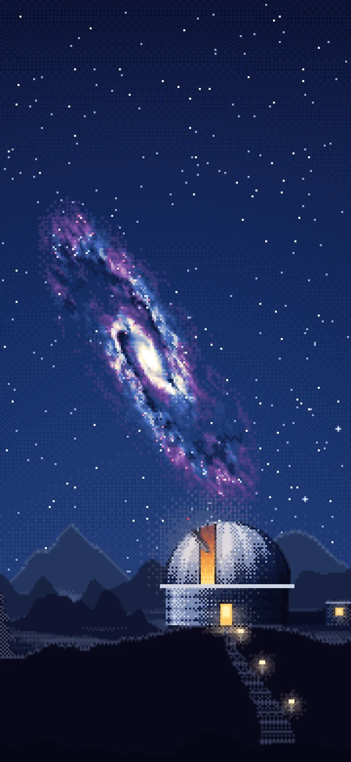 Navy Pixel Art Galaxy Over an Observatory wallpaper for iPhone and Android