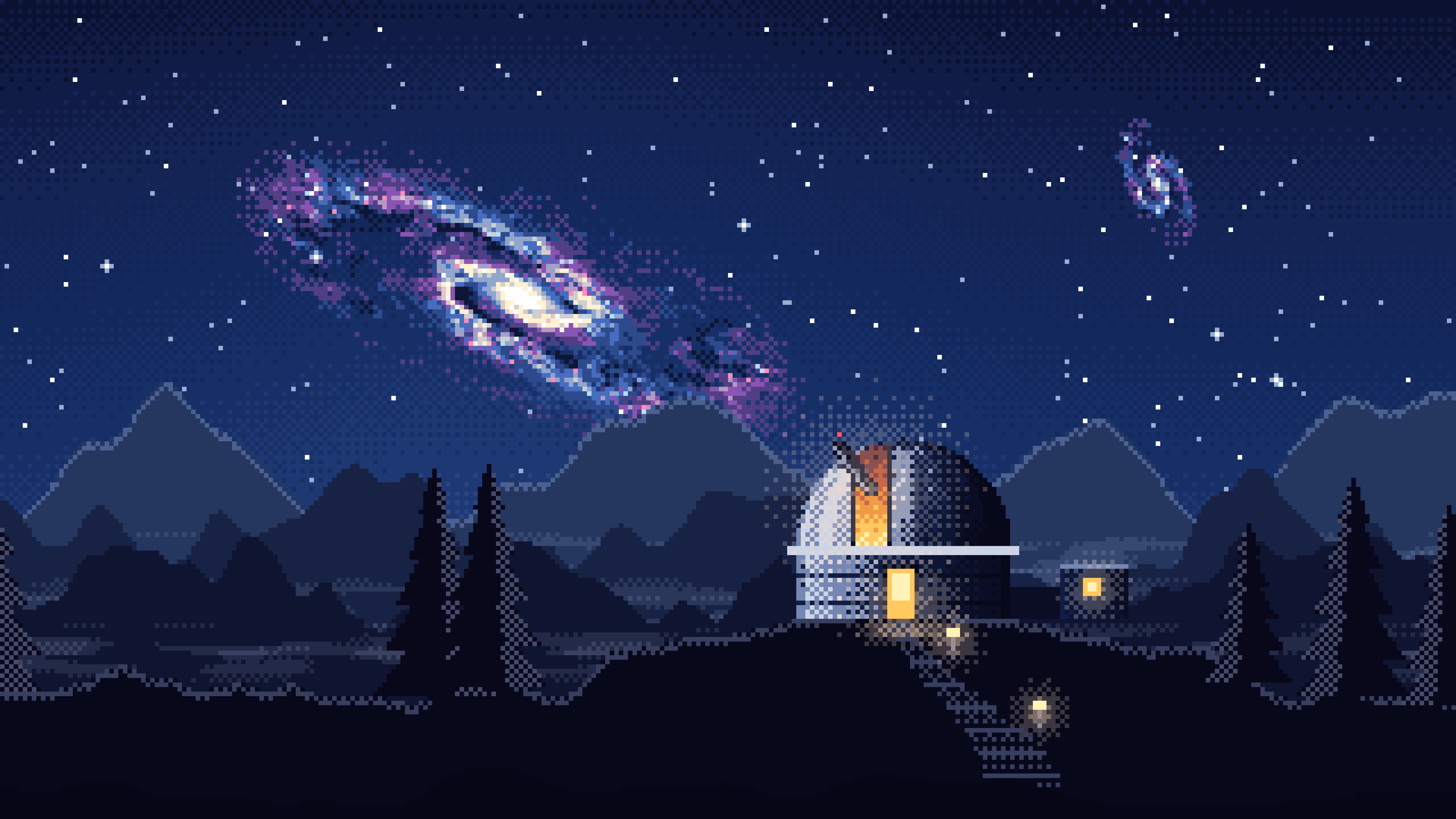 Navy Pixel Art Galaxy Over an Observatory desktop wallpaper in 4K