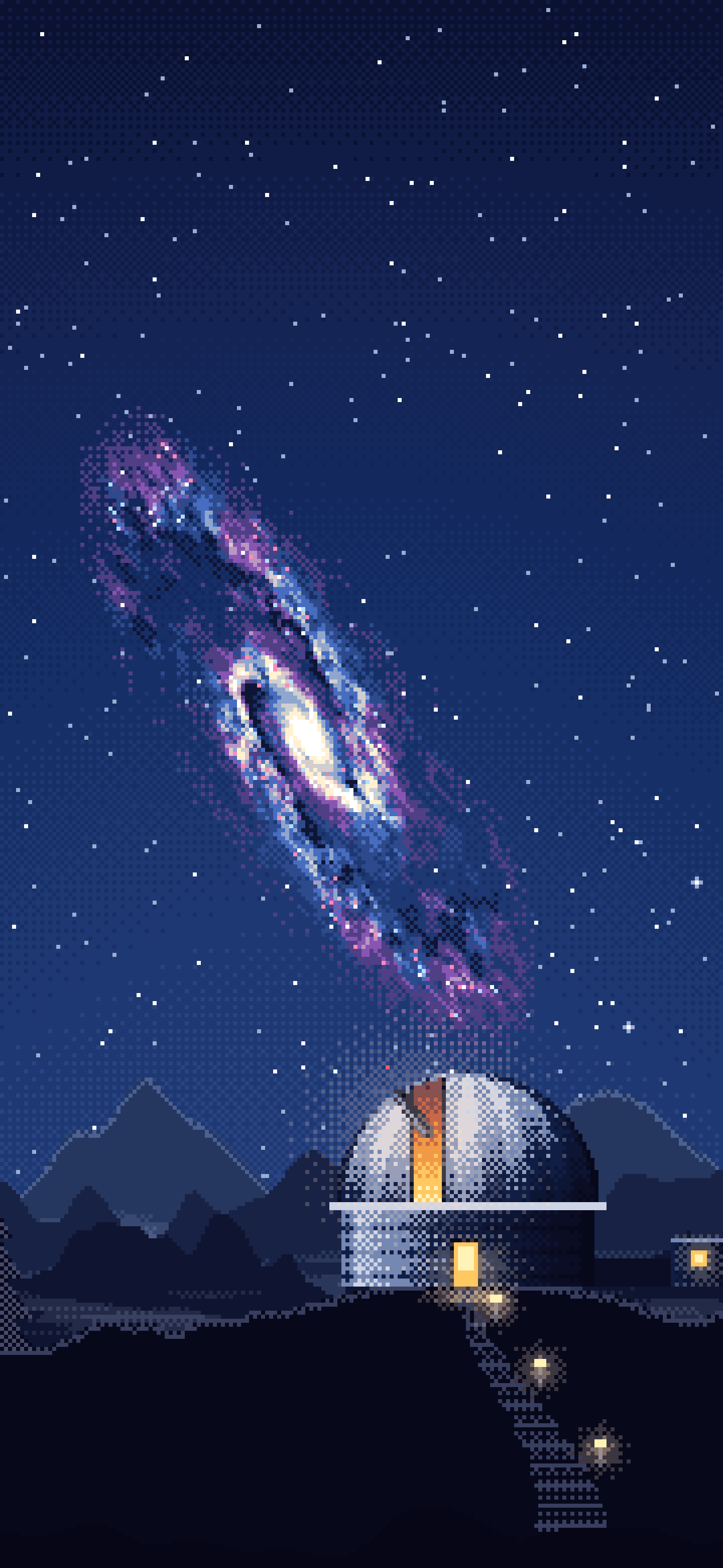 Navy Pixel Art Galaxy Over an Observatory wallpaper for iPhone and Android