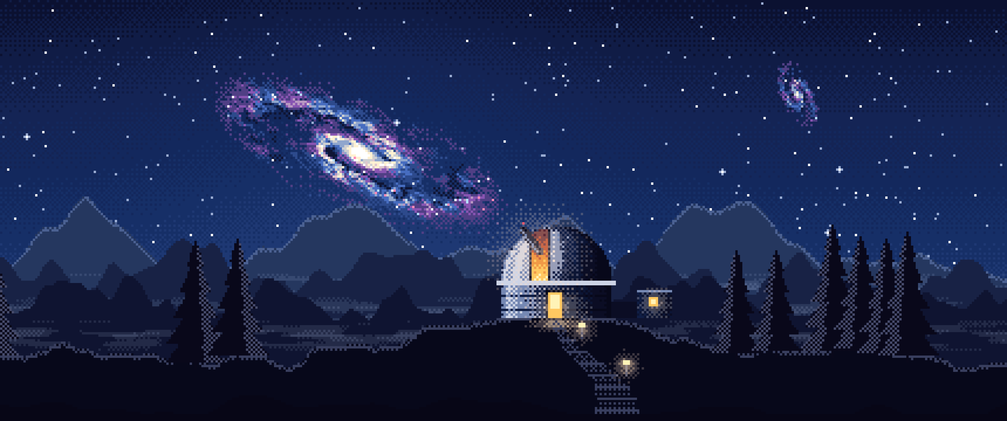 Navy Pixel Art Galaxy Over an Observatory ultrawide wallpaper, 3440 × 1440