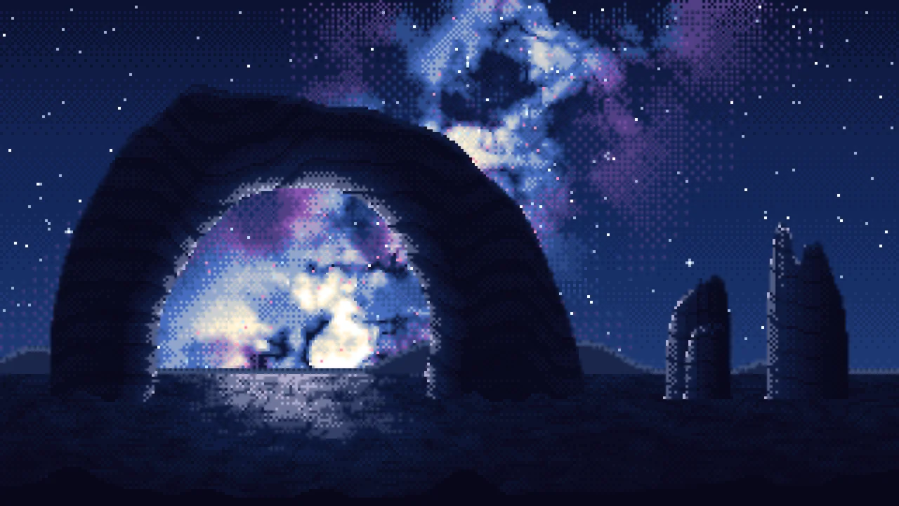 Navy Pixel Art Galaxy Over Desert Rocks desktop wallpaper in 4K