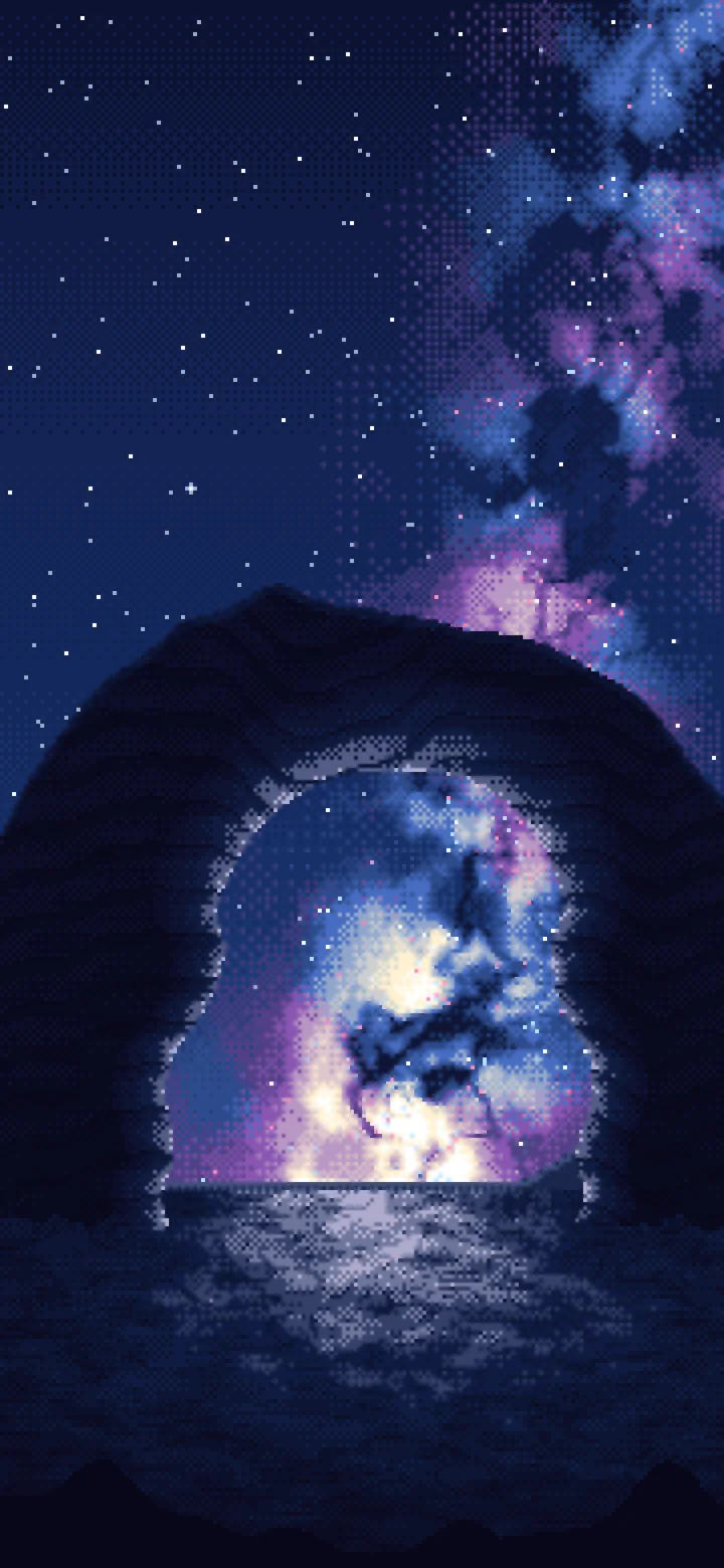 Navy Pixel Art Galaxy Over Desert Rocks wallpaper for iPhone and Android