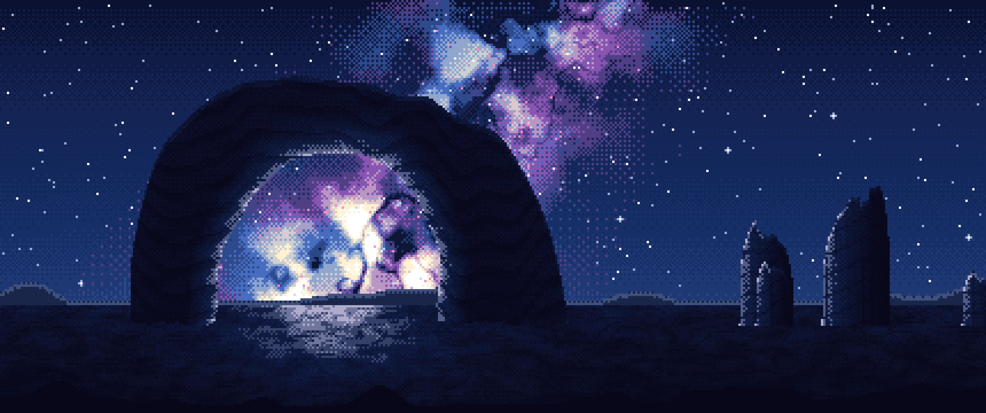 Navy Pixel Art Galaxy Over Desert Rocks ultrawide wallpaper, 3440 × 1440