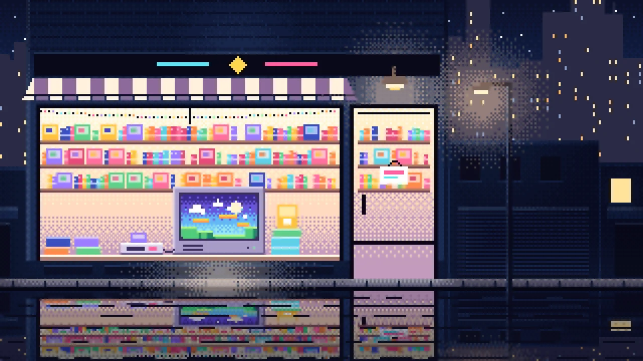 Navy Pixel Art Game Shop at Night desktop wallpaper in 4K