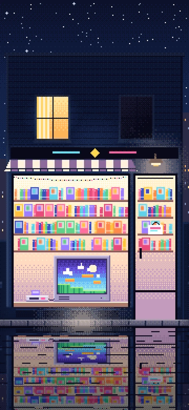 Navy Pixel Art Game Shop at Night wallpaper for iPhone and Android