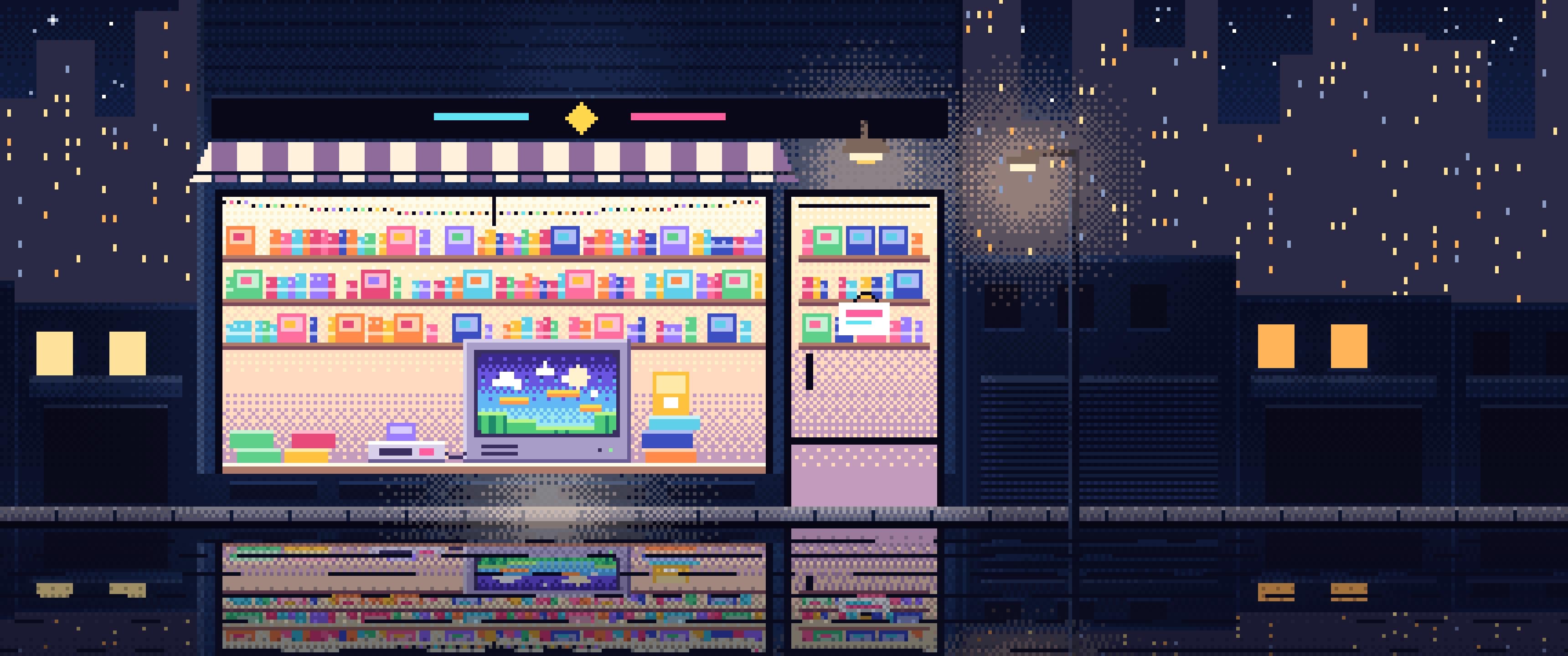 Navy Pixel Art Game Shop at Night ultrawide wallpaper, 3440 × 1440