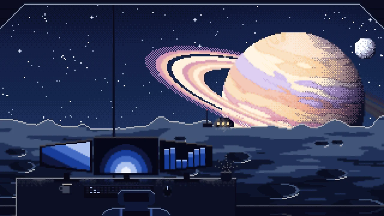 Navy Pixel Art Gaming Setup Before a Ringed Planet desktop wallpaper in 4K