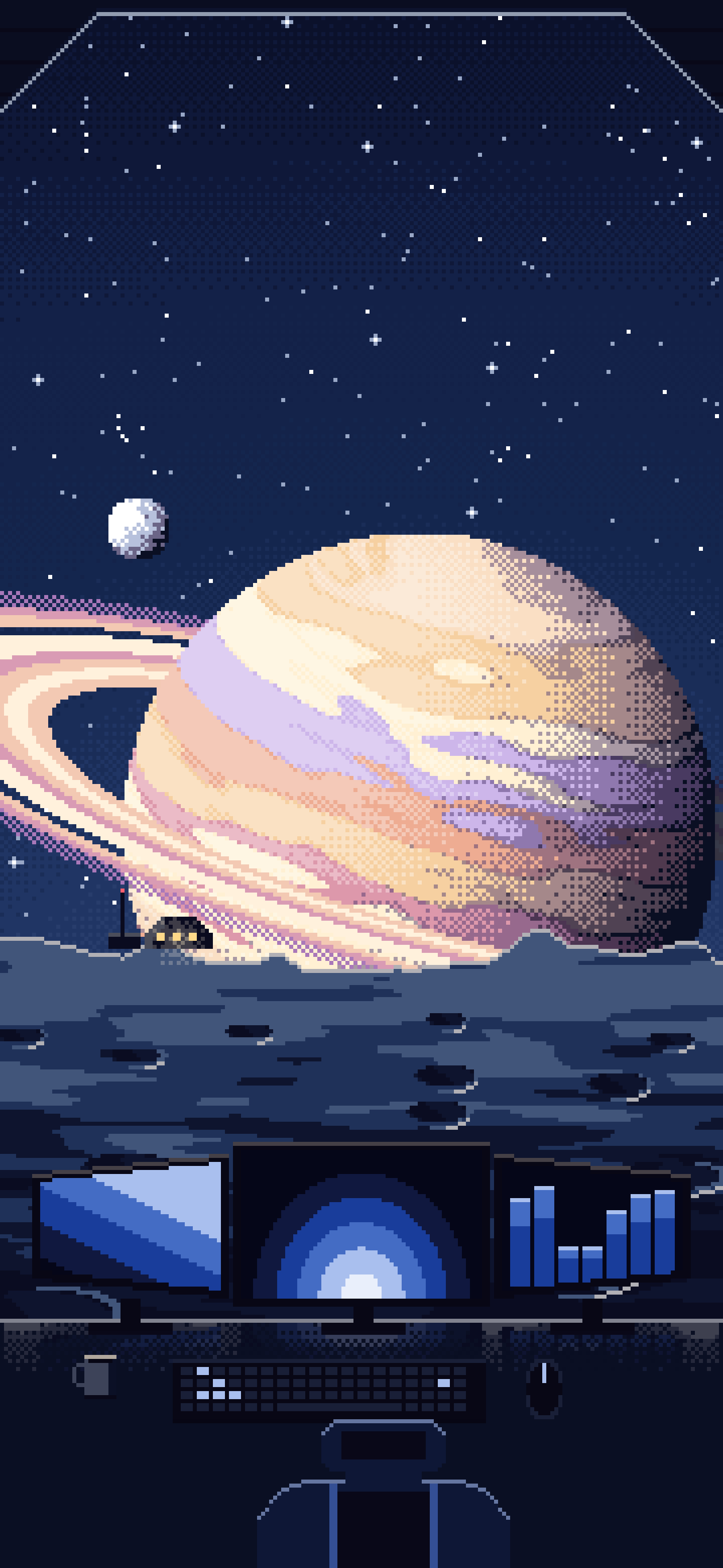 Navy Pixel Art Gaming Setup Before a Ringed Planet wallpaper for iPhone and Android