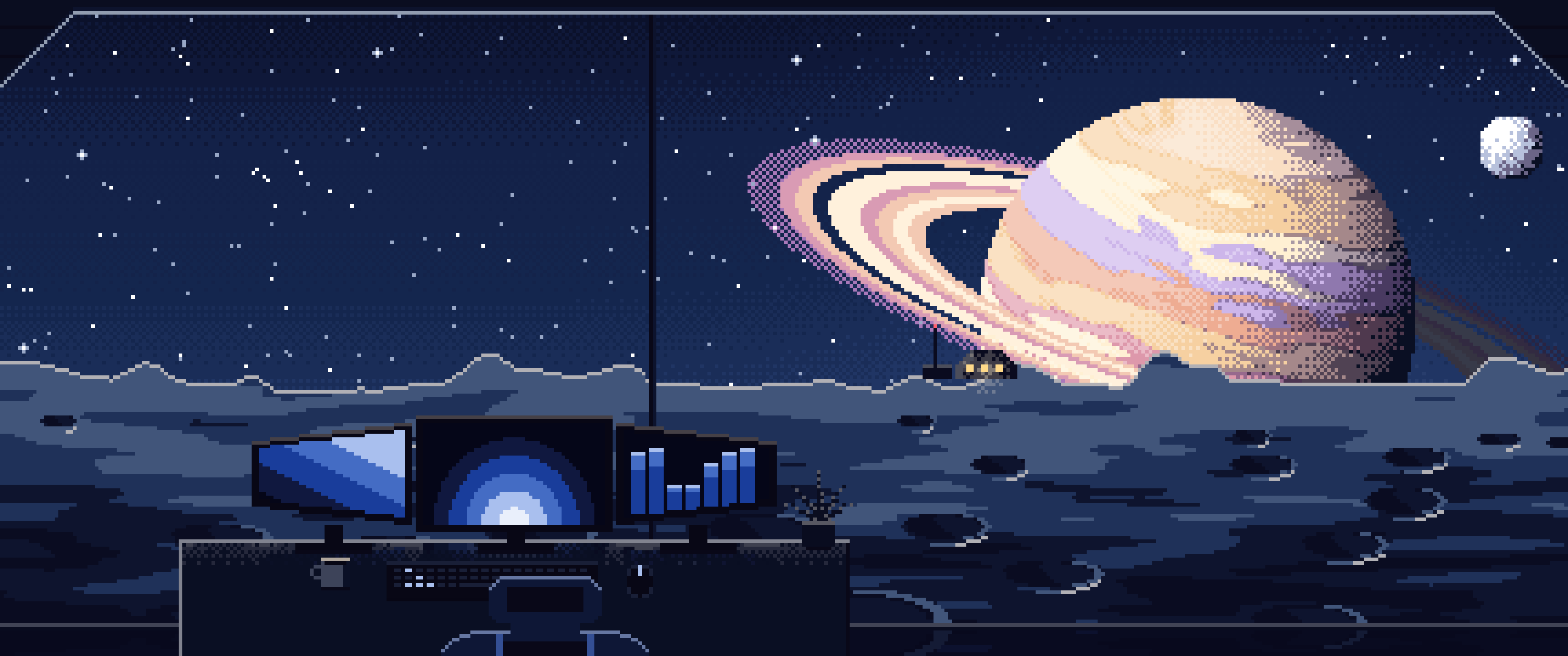 Navy Pixel Art Gaming Setup Before a Ringed Planet ultrawide wallpaper, 3440 × 1440