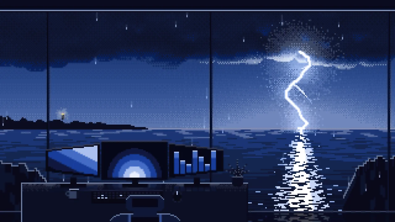Navy Pixel Art Gaming Setup in a Lightning Storm desktop wallpaper in 4K
