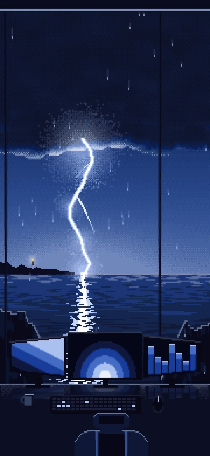 Navy Pixel Art Gaming Setup in a Lightning Storm wallpaper for iPhone and Android
