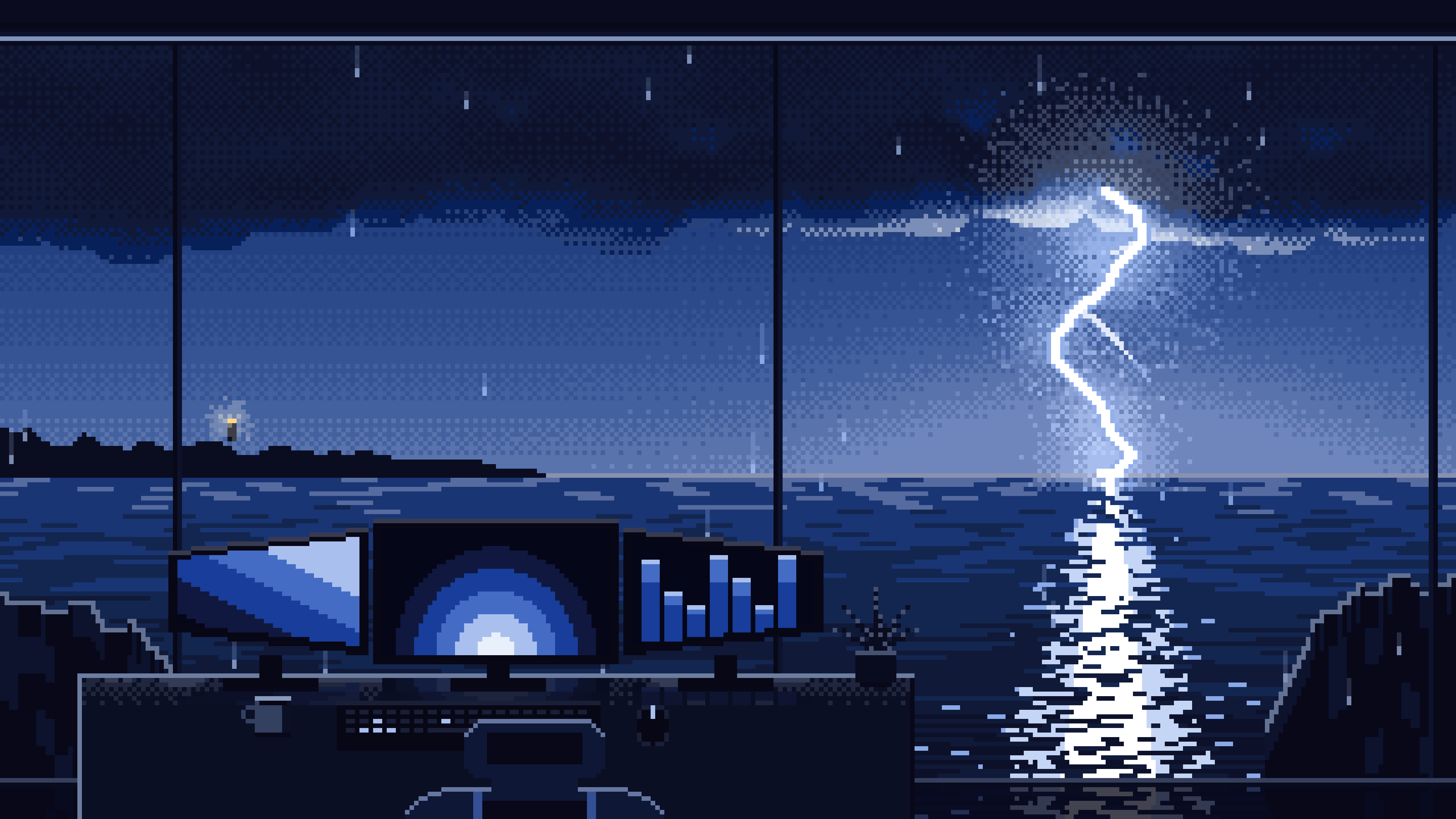 Navy Pixel Art Gaming Setup in a Lightning Storm desktop wallpaper in 4K