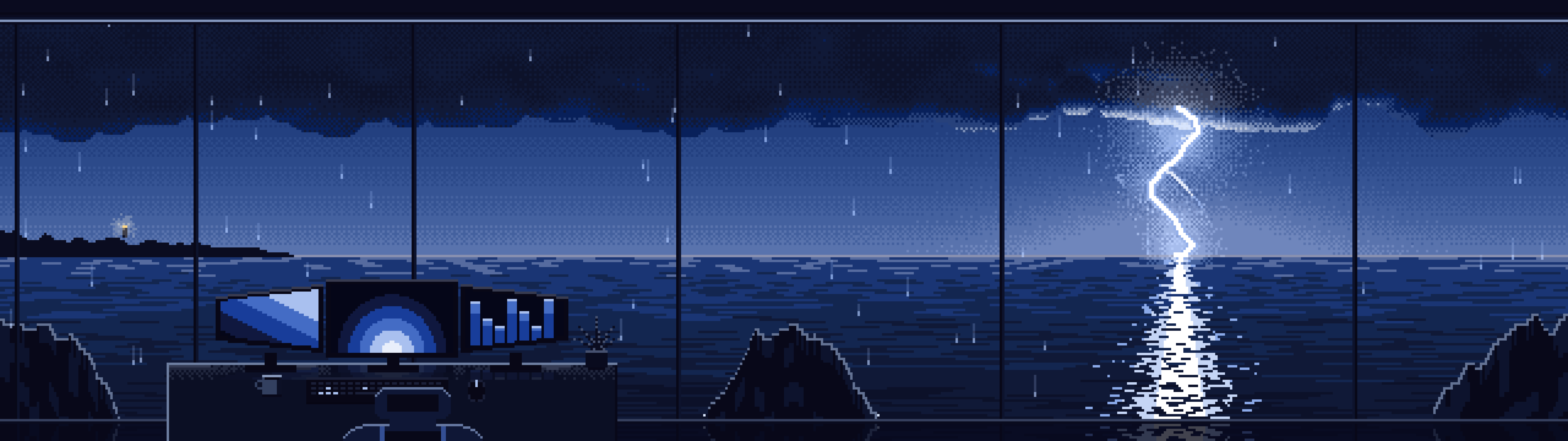 Navy Pixel Art Gaming Setup in a Lightning Storm dual monitor wallpaper, 7680 × 2160