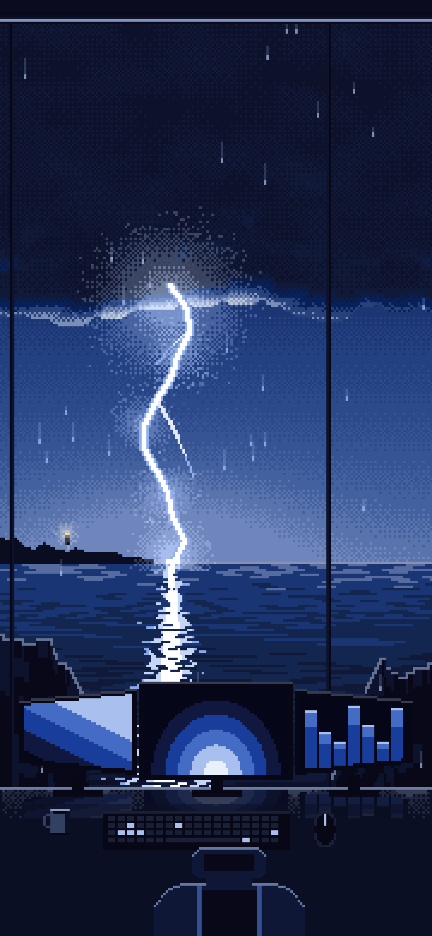 Navy Pixel Art Gaming Setup in a Lightning Storm wallpaper for iPhone and Android