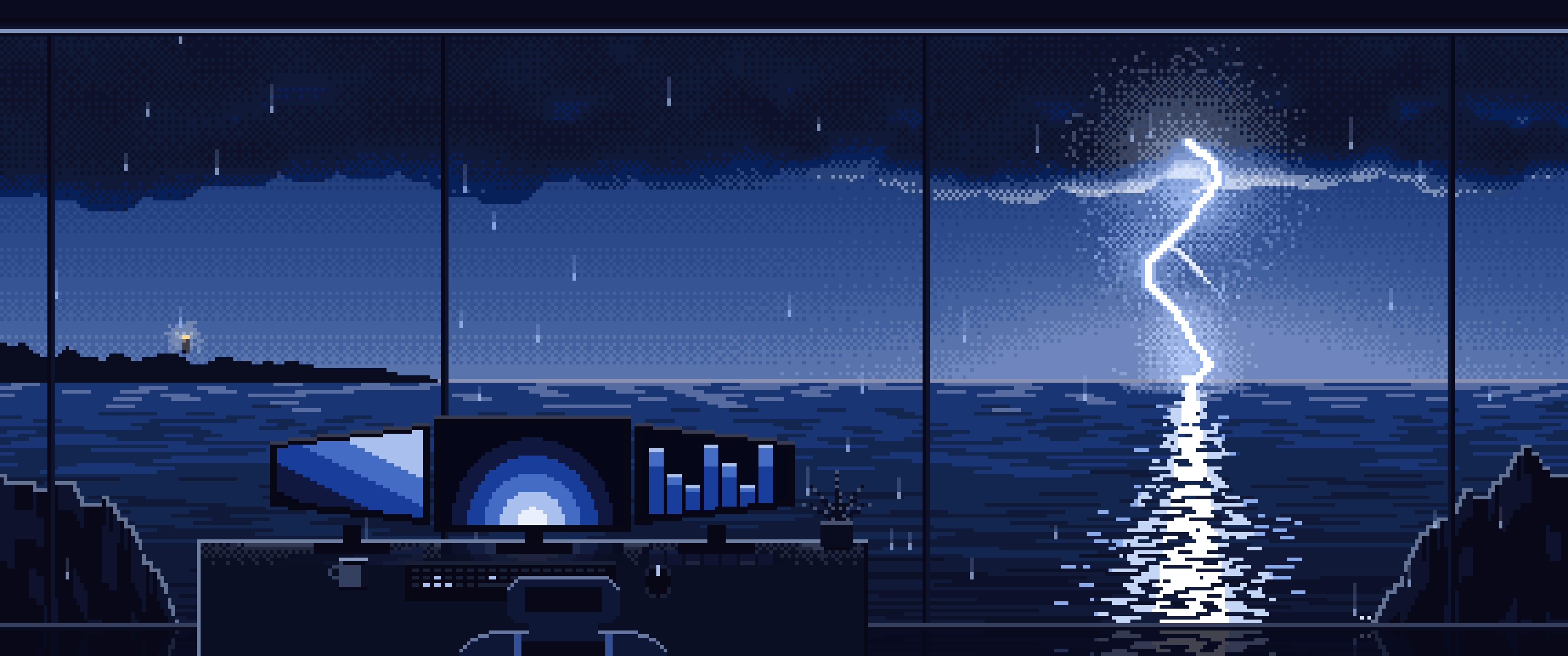 Navy Pixel Art Gaming Setup in a Lightning Storm ultrawide wallpaper, 3440 × 1440