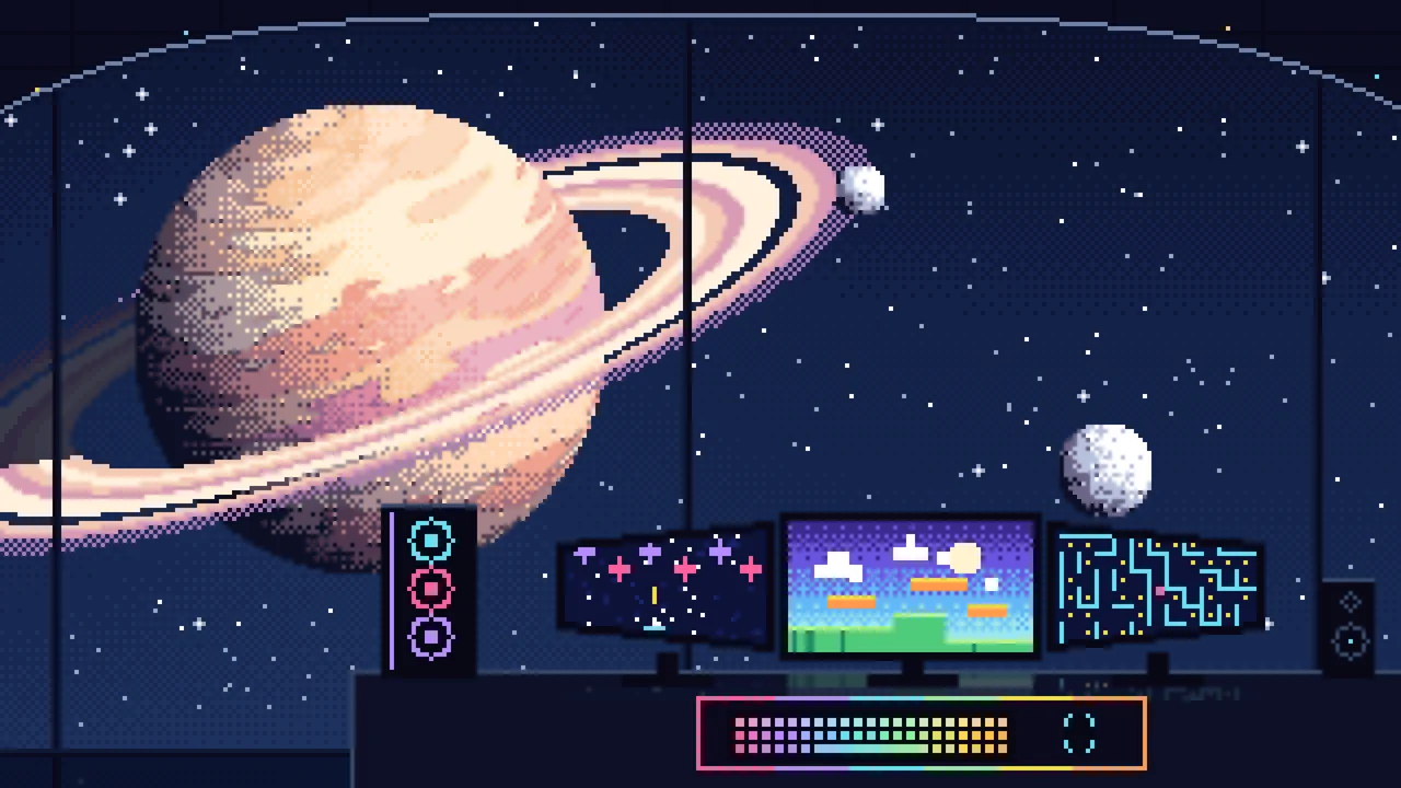 Navy Pixel Art Gaming Setup in Space desktop wallpaper in 4K