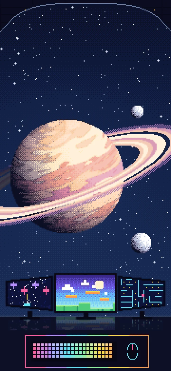 Navy Pixel Art Gaming Setup in Space wallpaper for iPhone and Android