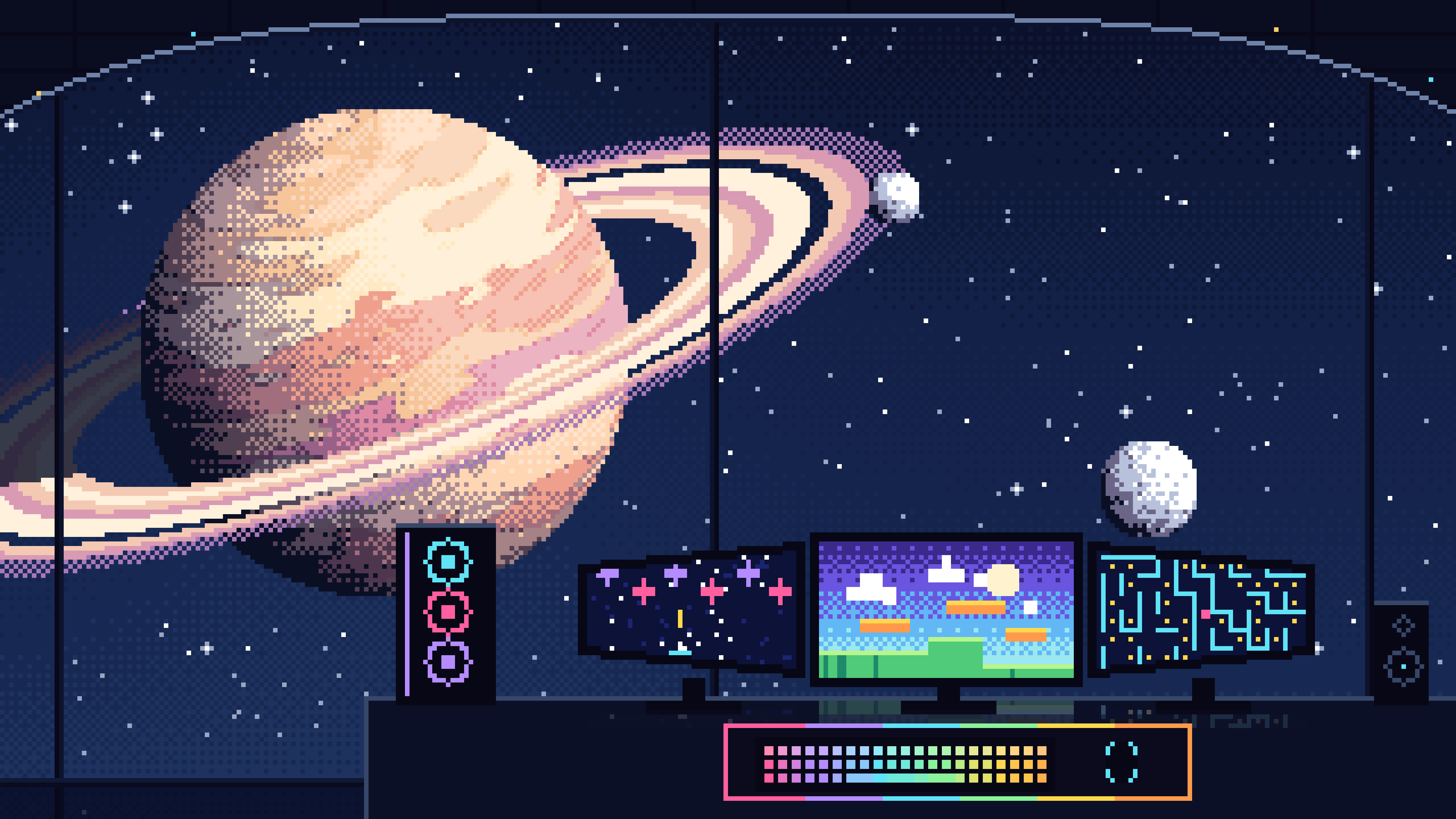 Navy Pixel Art Gaming Setup in Space desktop wallpaper in 4K