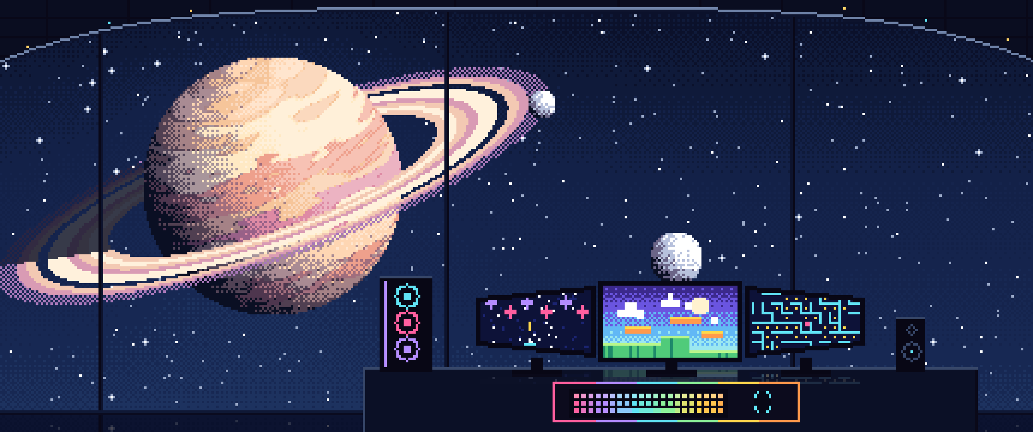 Navy Pixel Art Gaming Setup in Space ultrawide wallpaper, 3440 × 1440