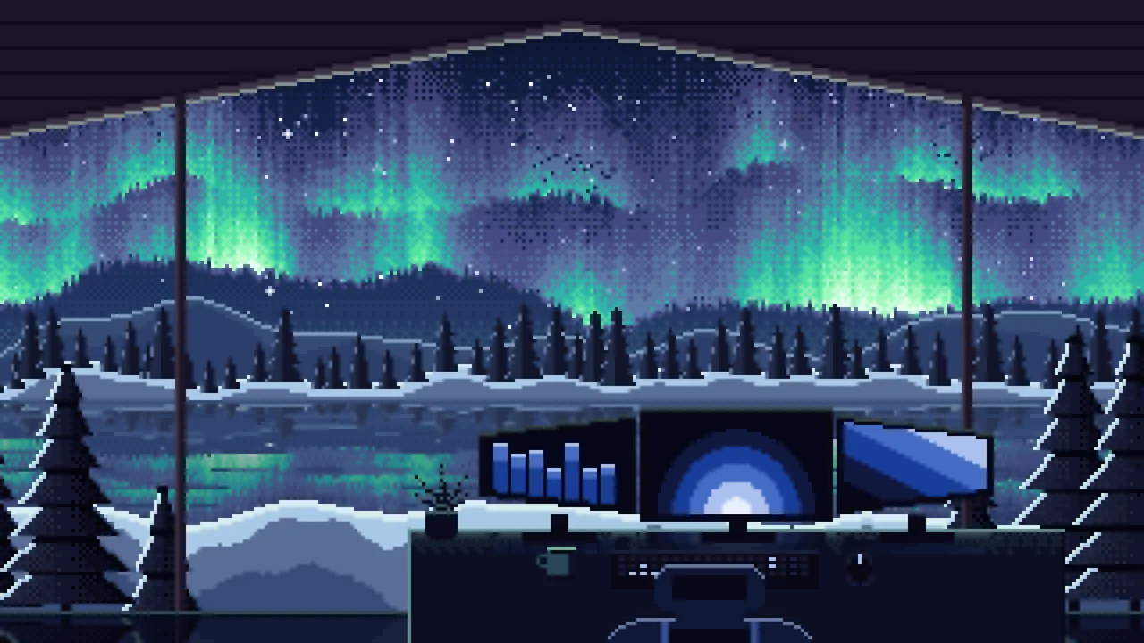 Navy Pixel Art Gaming Setup Under the Northern Lights desktop wallpaper in 4K