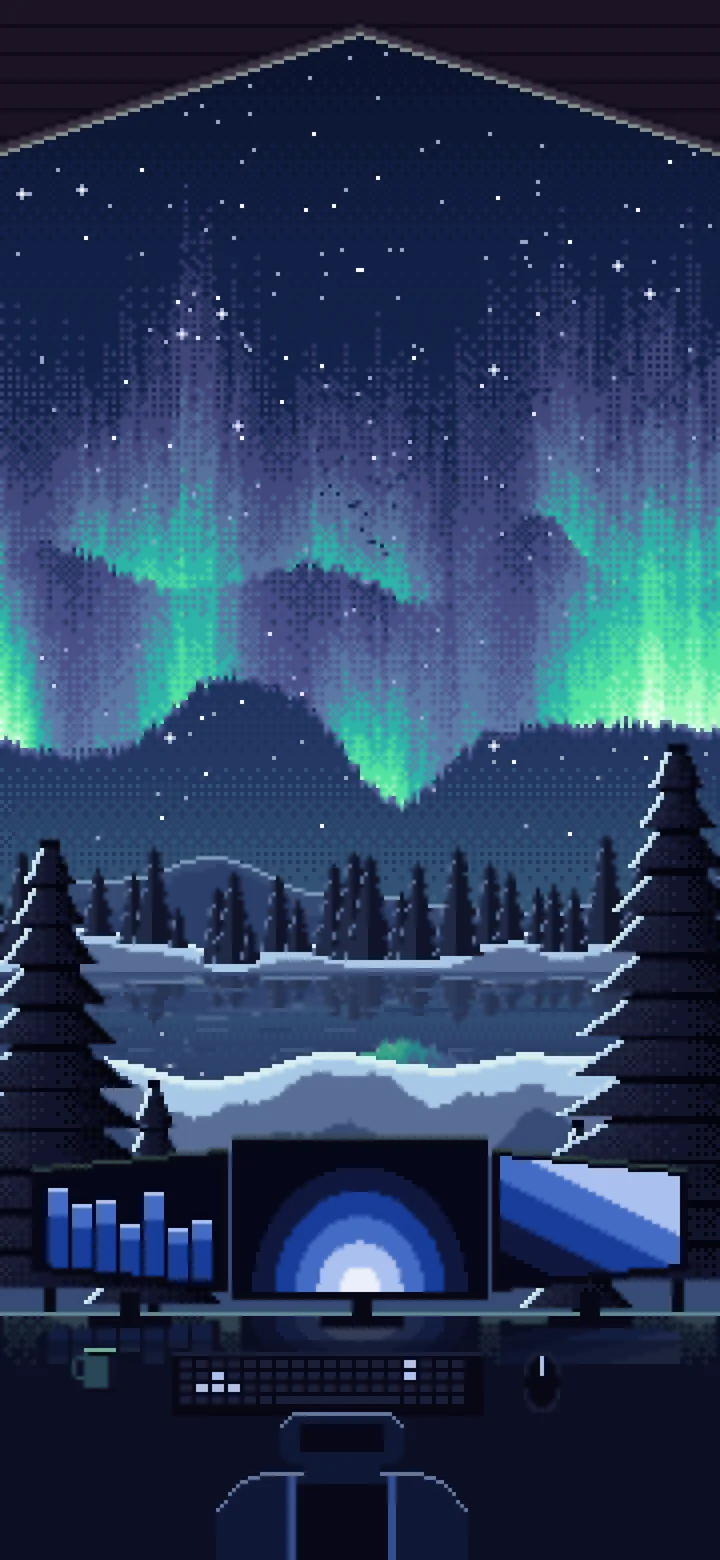 Navy Pixel Art Gaming Setup Under the Northern Lights wallpaper for iPhone and Android