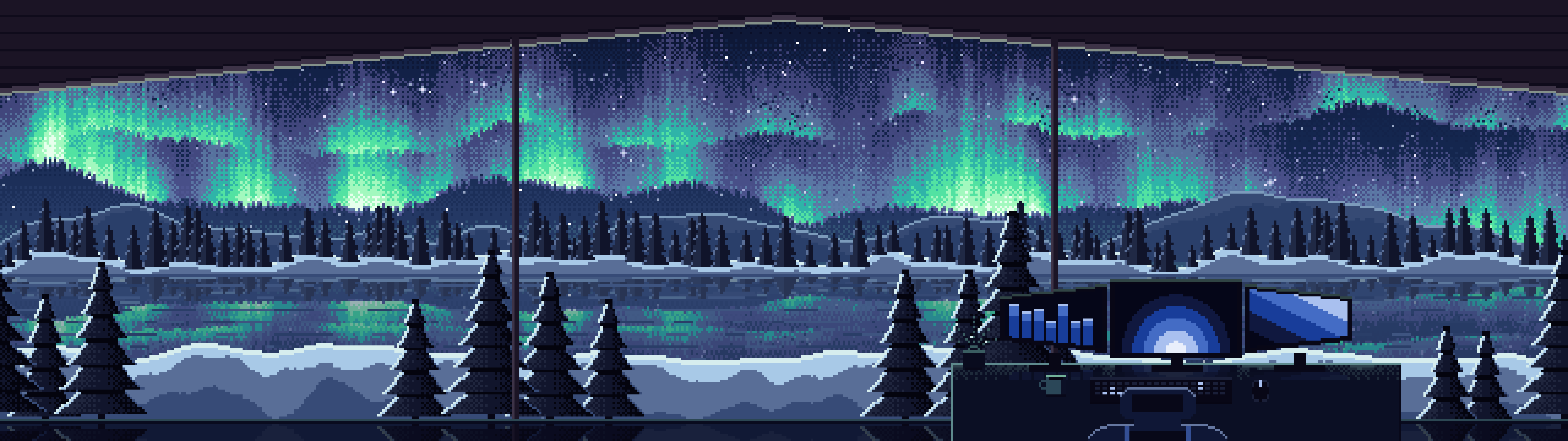Navy Pixel Art Gaming Setup Under the Northern Lights dual monitor wallpaper, 7680 × 2160