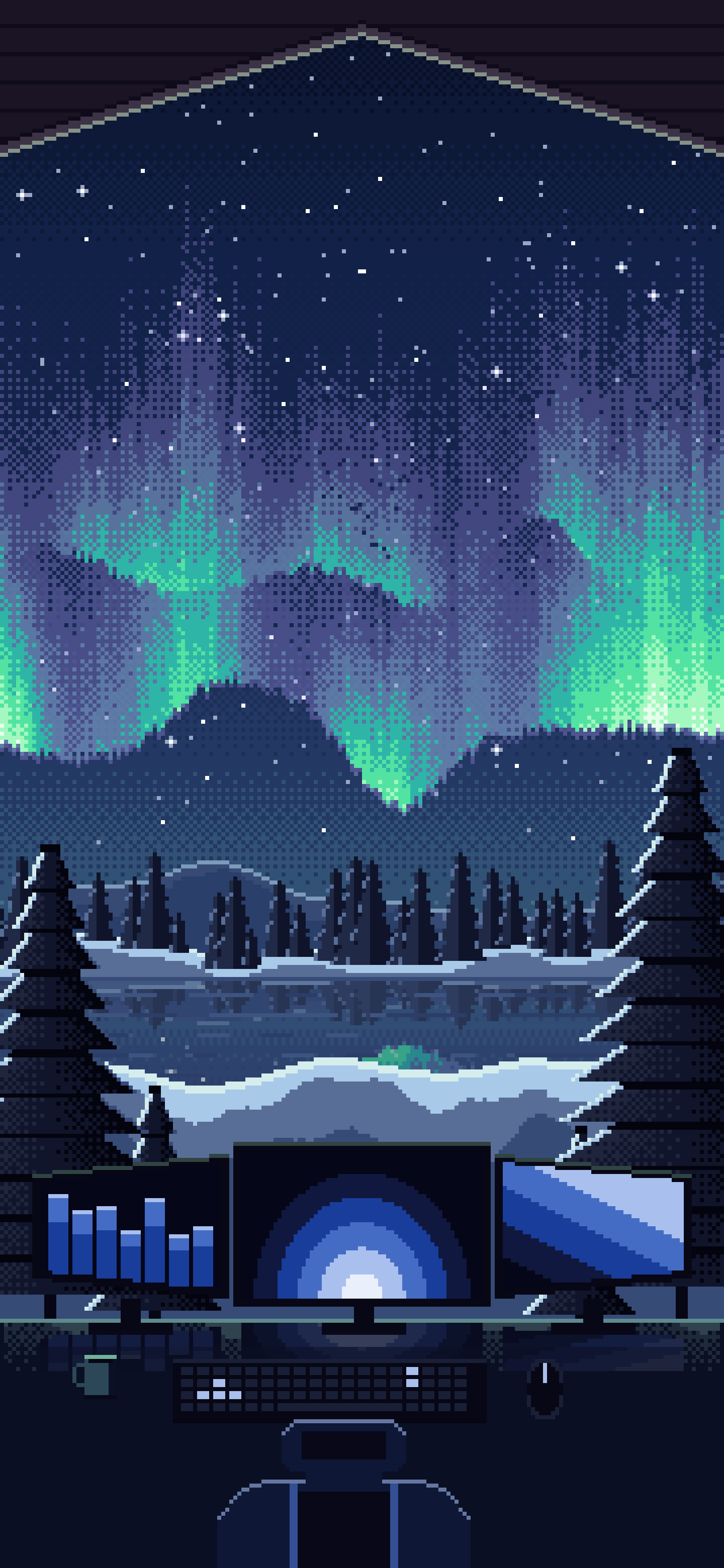 Navy Pixel Art Gaming Setup Under the Northern Lights wallpaper for iPhone and Android