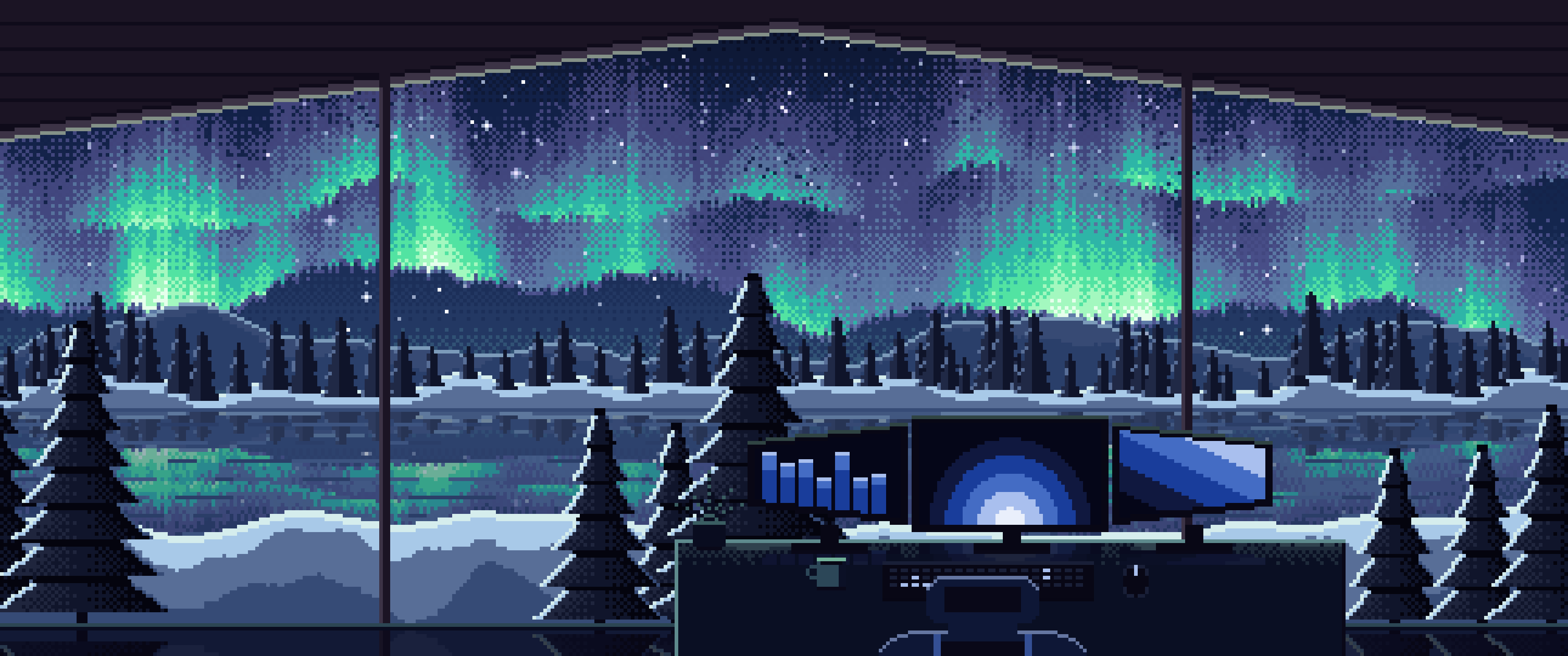Navy Pixel Art Gaming Setup Under the Northern Lights ultrawide wallpaper, 3440 × 1440