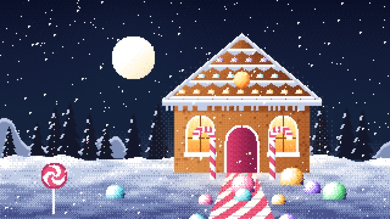 Navy Pixel Art Gingerbread House desktop wallpaper in 4K