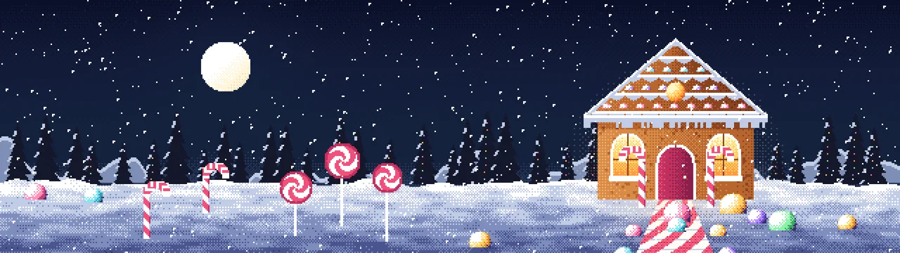 Navy Pixel Art Gingerbread House dual monitor wallpaper, 7680 × 2160