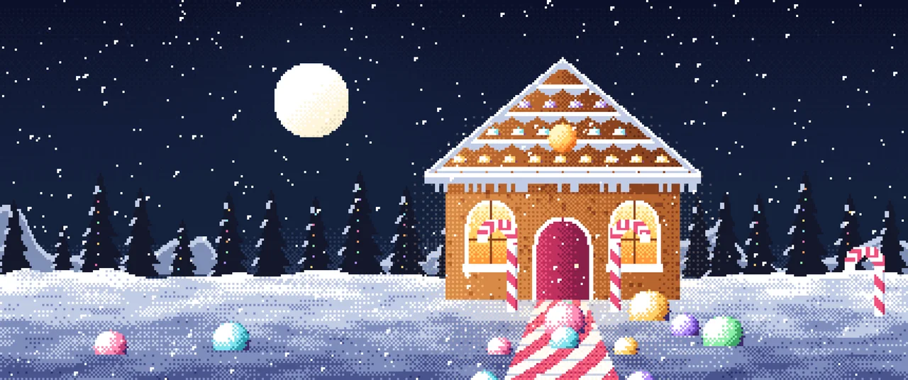 Navy Pixel Art Gingerbread House ultrawide wallpaper, 3440 × 1440