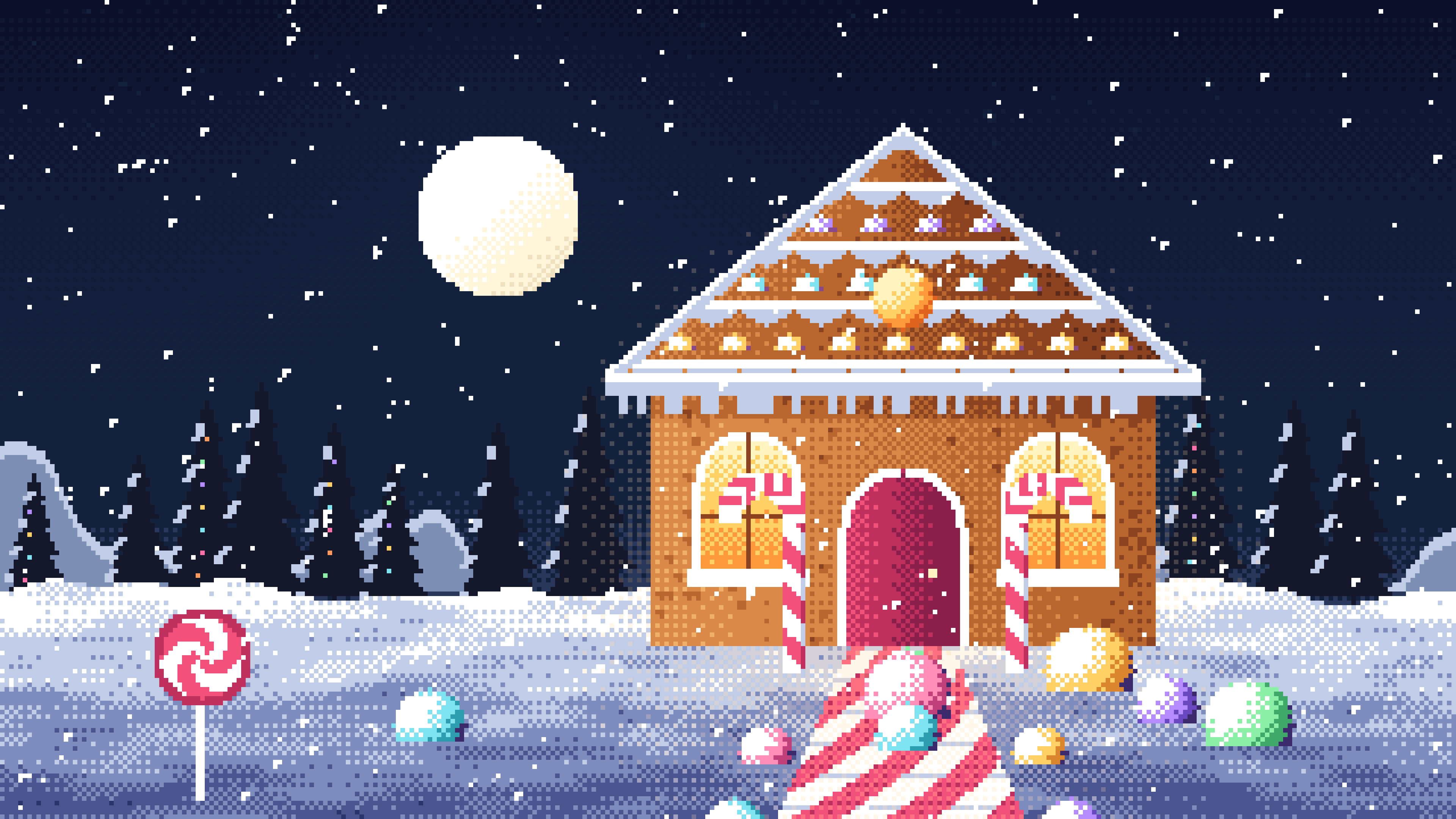 Navy Pixel Art Gingerbread House desktop wallpaper in 4K