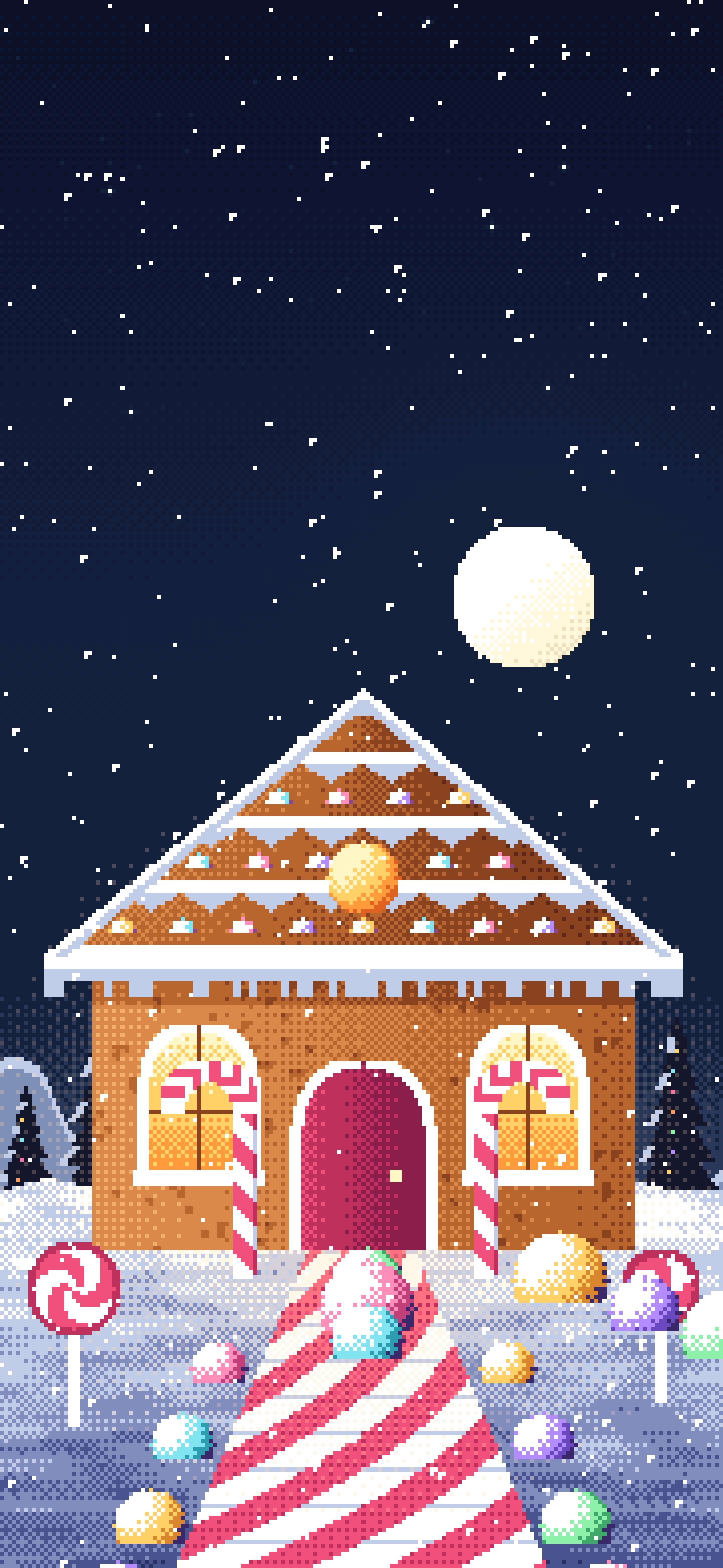 Navy Pixel Art Gingerbread House wallpaper for iPhone and Android