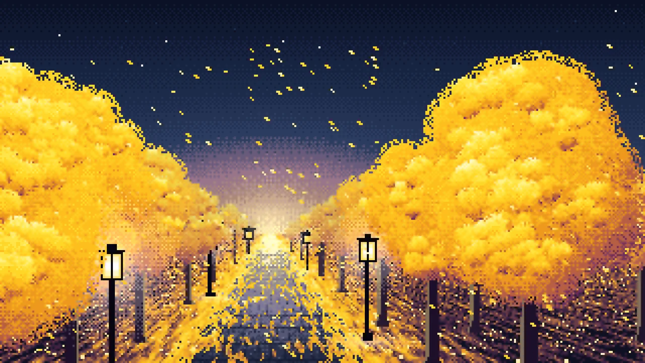 Navy Pixel Art Ginkgo Tree Avenue in Fall desktop wallpaper in 4K