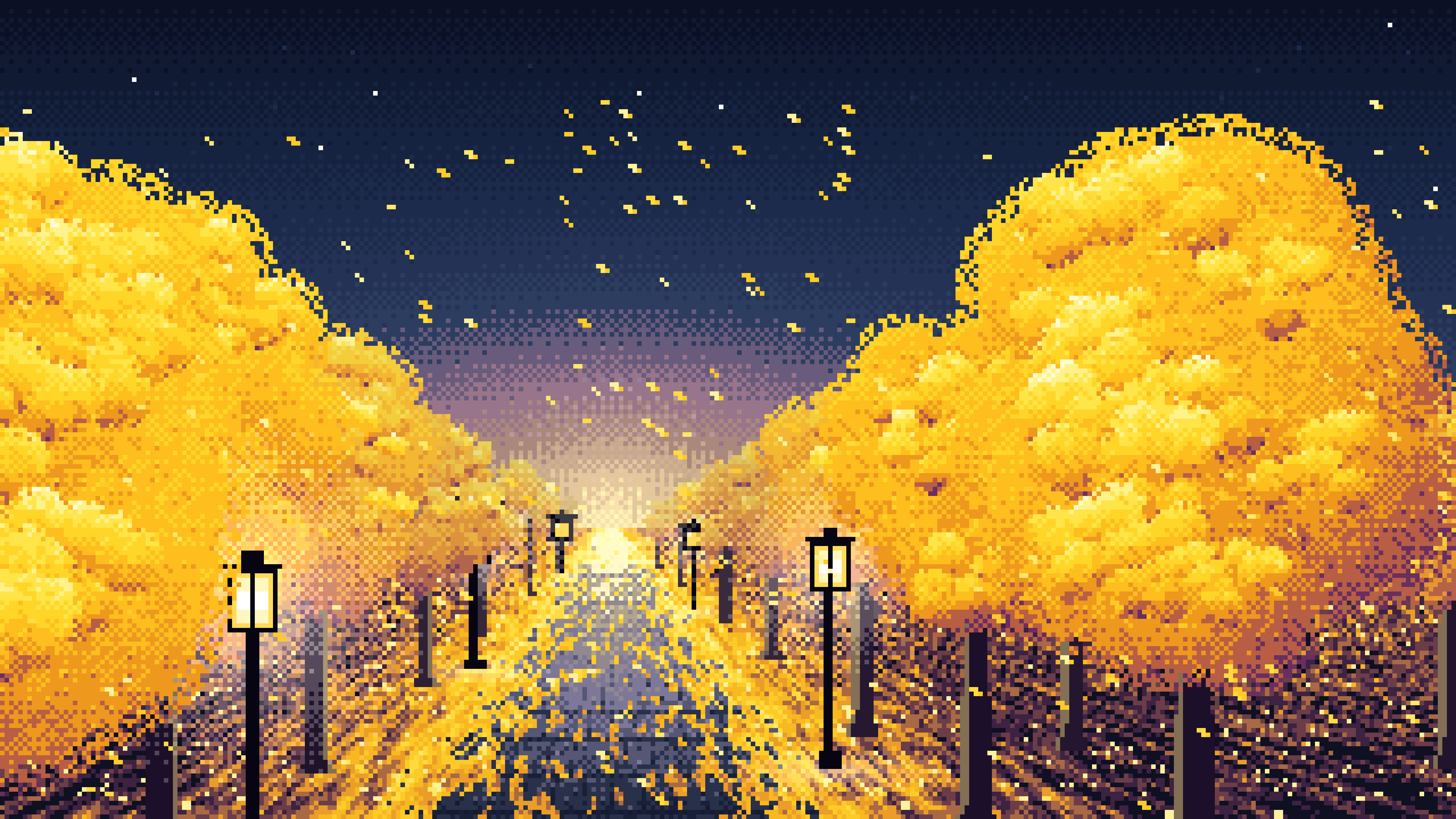 Navy Pixel Art Ginkgo Tree Avenue in Fall desktop wallpaper in 4K