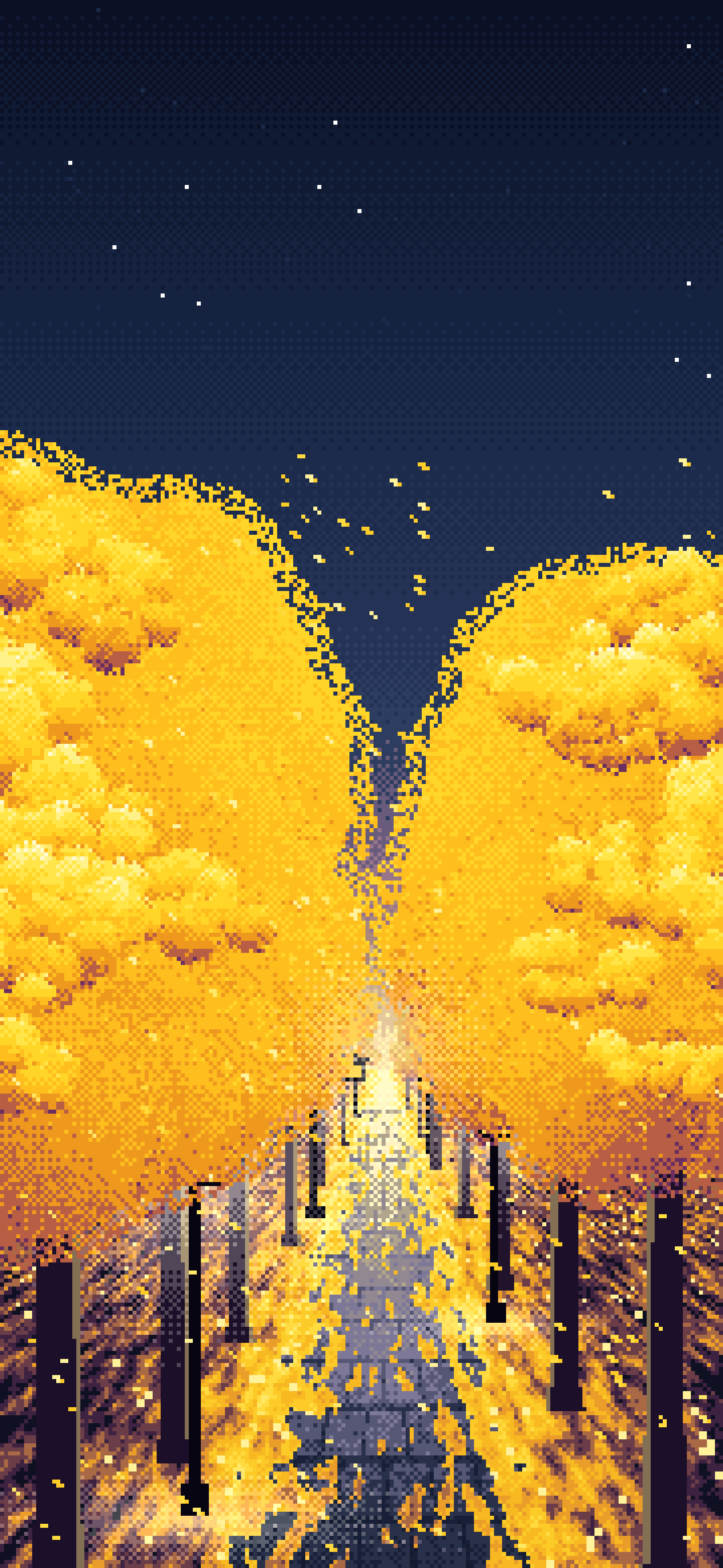 Navy Pixel Art Ginkgo Tree Avenue in Fall wallpaper for iPhone and Android
