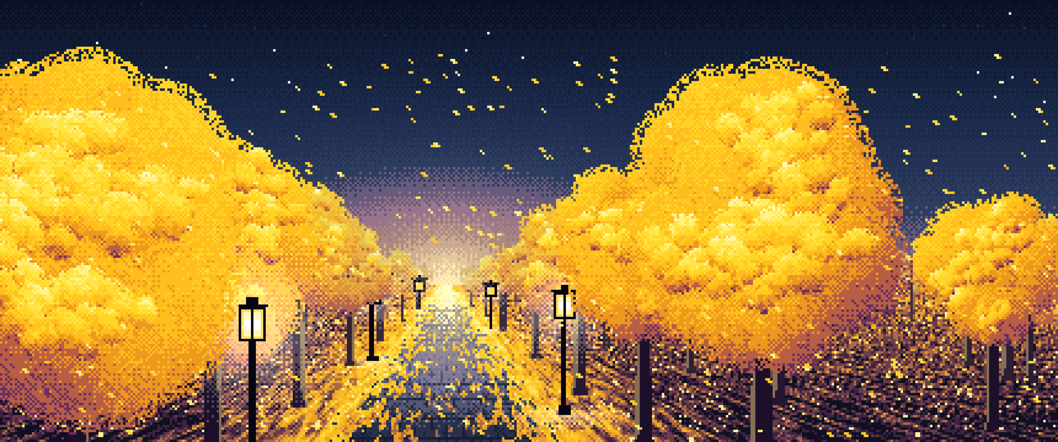 Navy Pixel Art Ginkgo Tree Avenue in Fall ultrawide wallpaper, 3440 × 1440