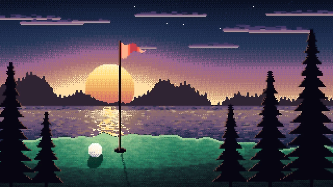 Navy Pixel Art Golf Course at Sunset desktop wallpaper in 4K
