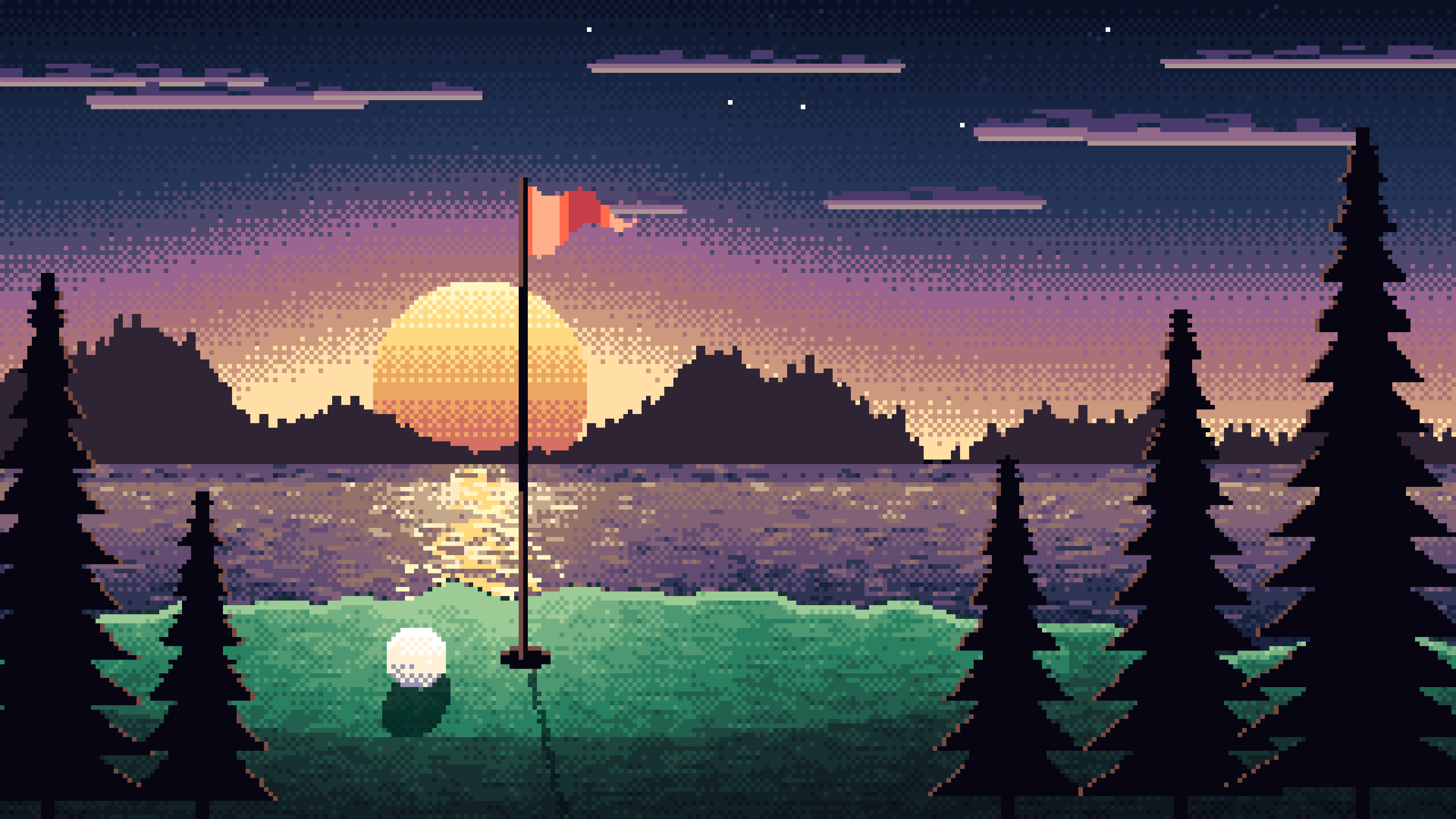 Navy Pixel Art Golf Course at Sunset desktop wallpaper in 4K