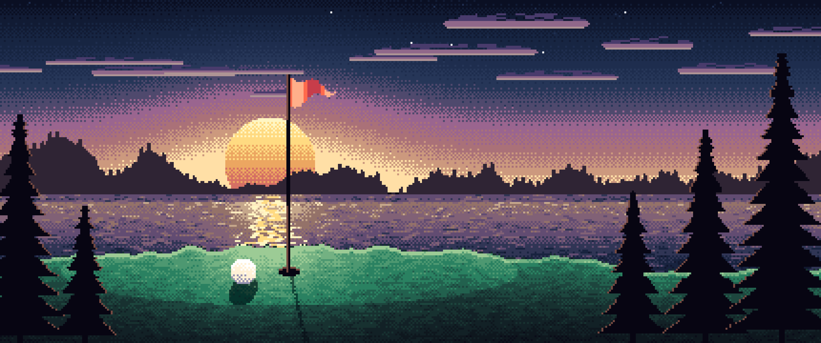 Navy Pixel Art Golf Course at Sunset ultrawide wallpaper, 3440 × 1440