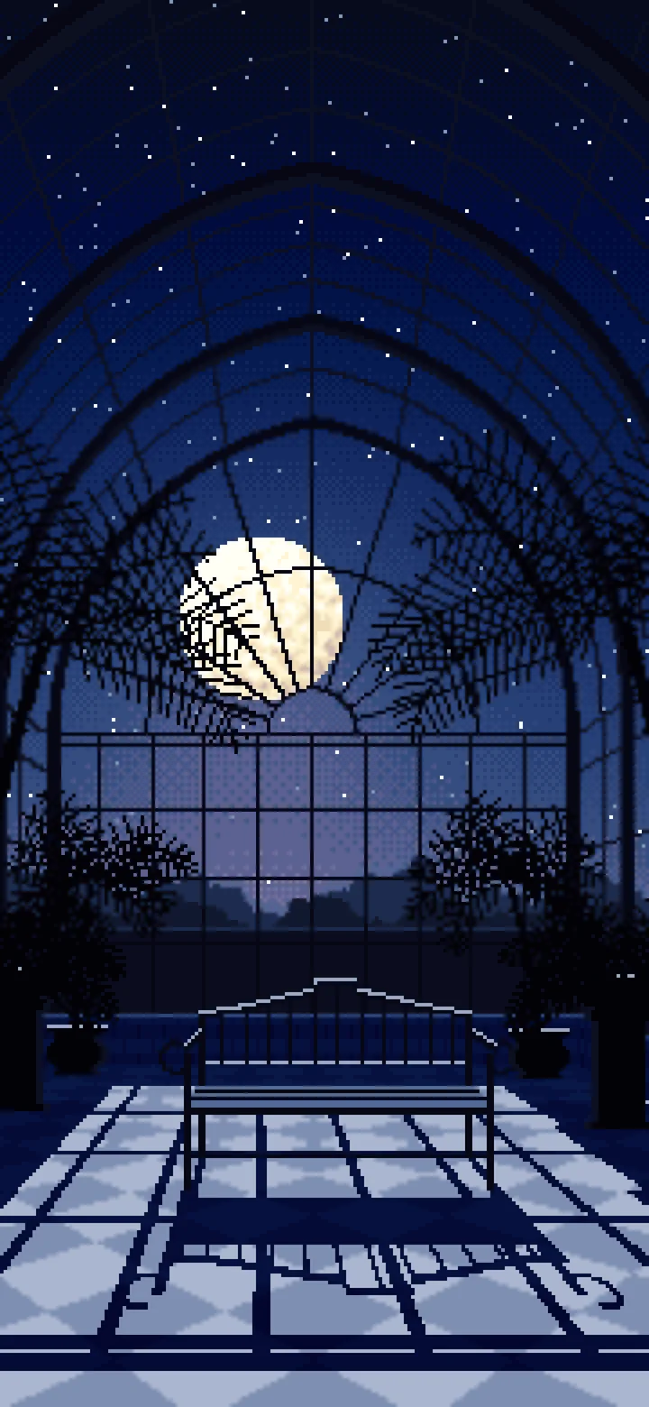 Navy Pixel Art Gothic Greenhouse at Night wallpaper for iPhone and Android