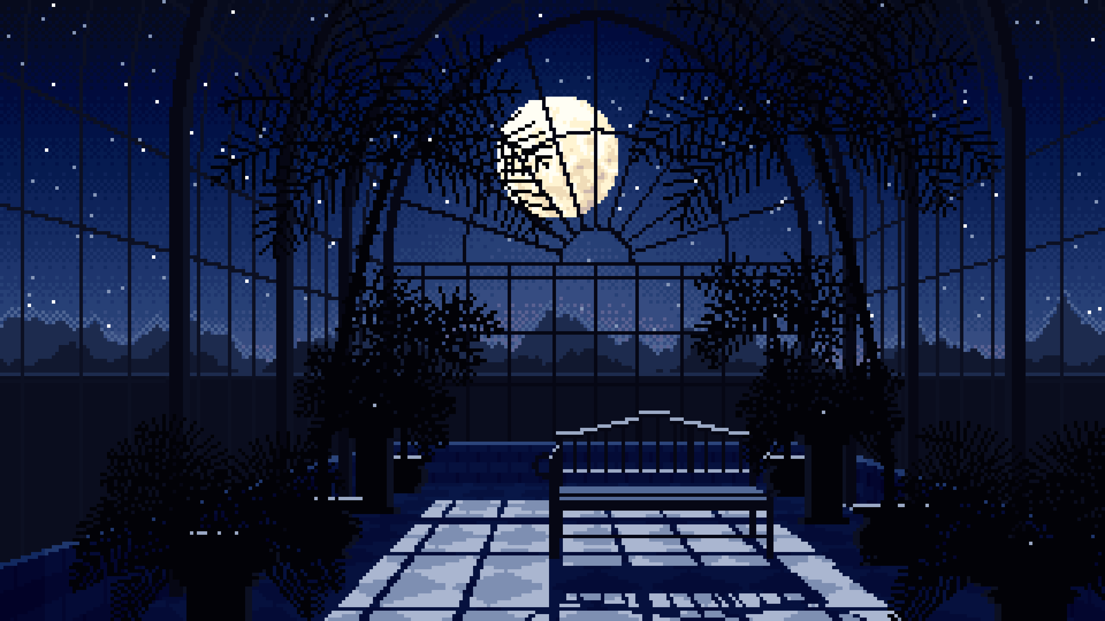 Navy Pixel Art Gothic Greenhouse at Night desktop wallpaper in 4K